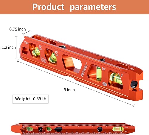 Miniatura 2 de BETHEL Nivel de torpedo, nivel de conducto magnético con 4 viales, ranura en V y pista magnética, construcción de aleación de aluminio, naranja de