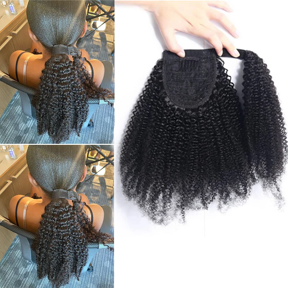 Mongolian Afro Kinky Curly Ponytail Human Hair Coarse Curly Ponytail Extension for Black Women Wrap Around Ponytail Hair Piece with Magic Paste Ponytail 110g/Pcs