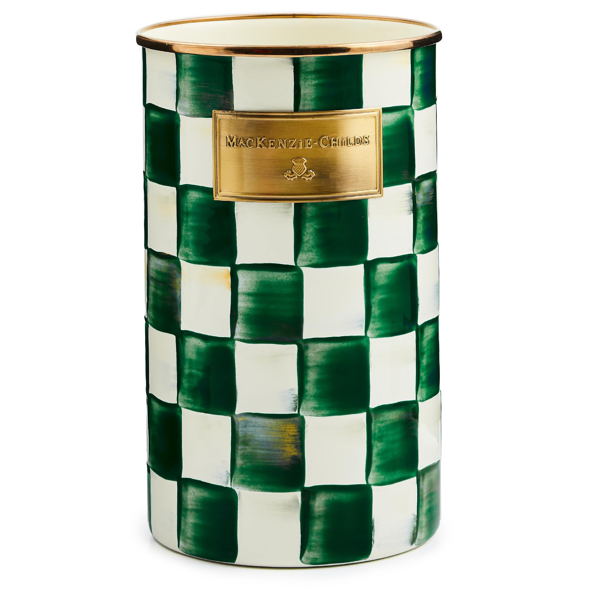 MACKENZIE-CHILDS Enamel Utensil Holder, Kitchen Utensil Holder for Countertop, Green-and-White Emerald Check