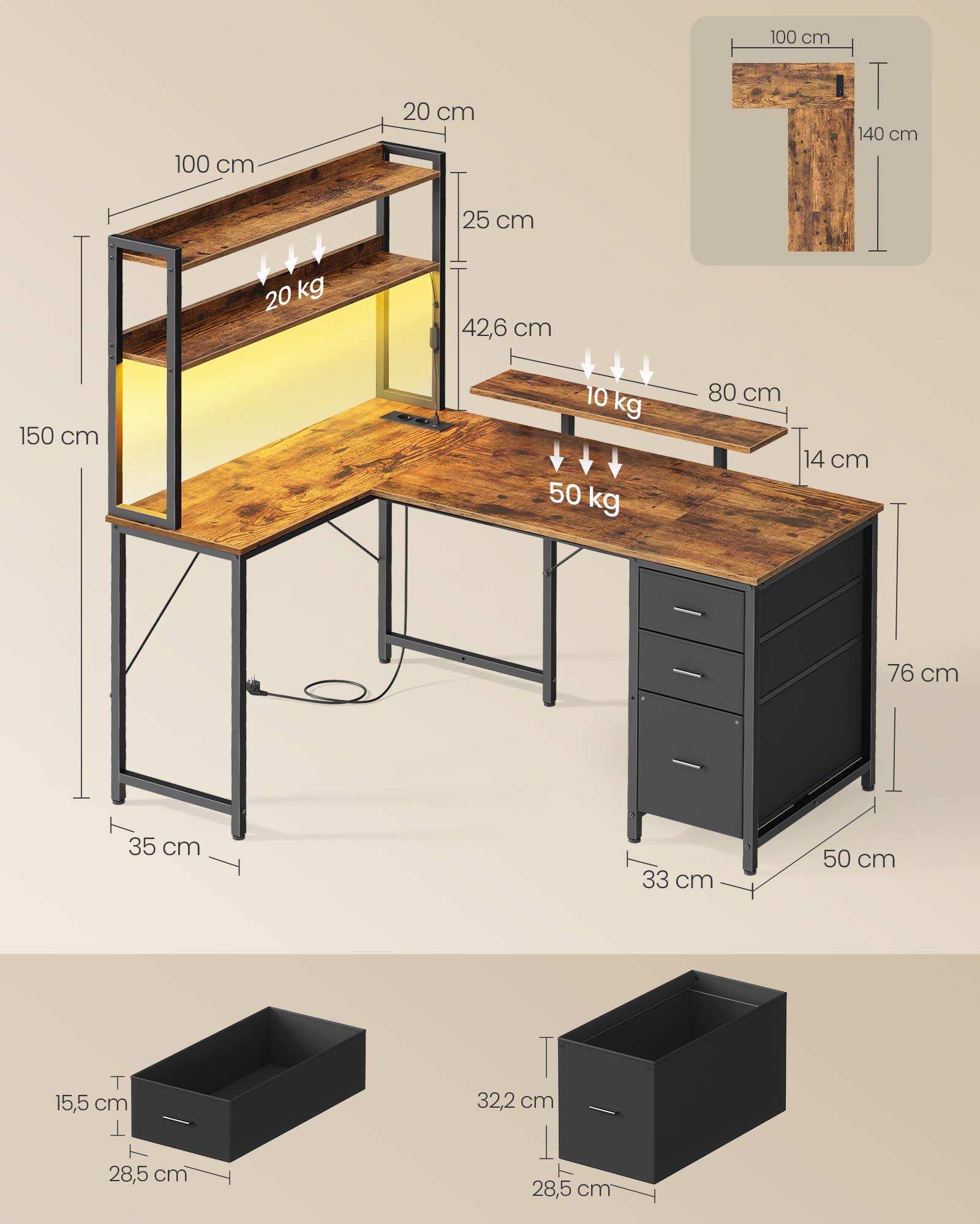 VASAGLE L-Form Schreibtisch, Eckschreibtisch mit Steckdosen und LED-Beleuchtung, Computertisch mit 3 Schubladen und Monitorständer, 140 x 100 x 150 cm, Vintagebraun-Schwarz, LWD162K101