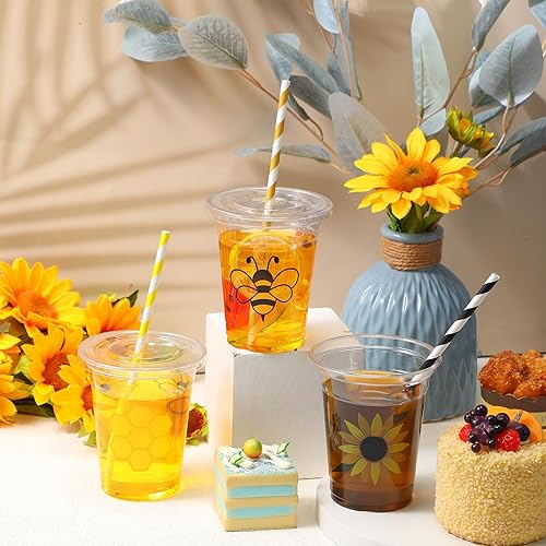 Miniatura 6 de Sliner 120 vasos desechables para fiesta de abeja, vasos de plástico de abeja de 12 onzas, vasos desechables con pajitas de papel para abeja, baby
