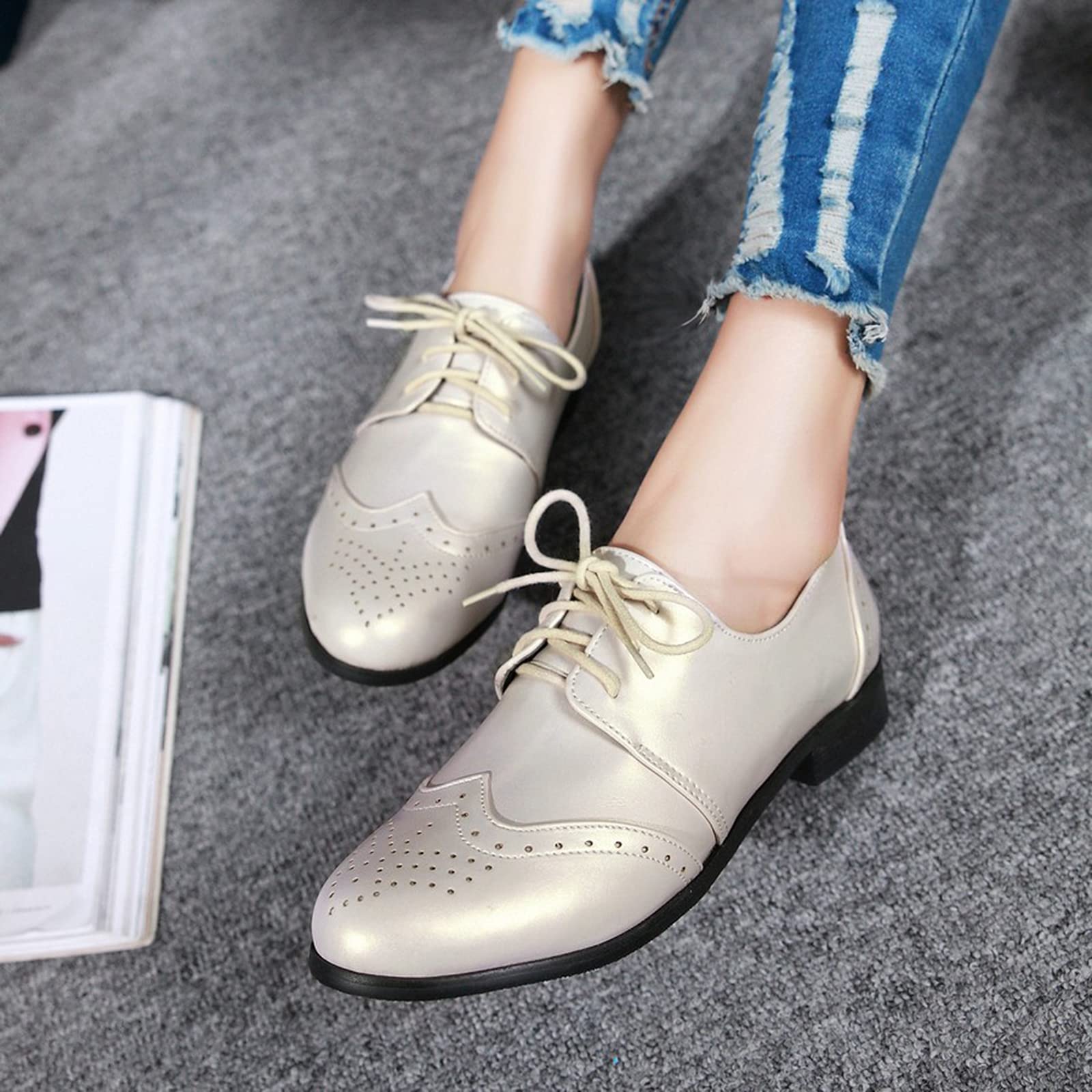 Oxford Talons Bas Femme, Chaussures Plates Dentellets Chaussures de Fête Bout Rond, Taille 32-54