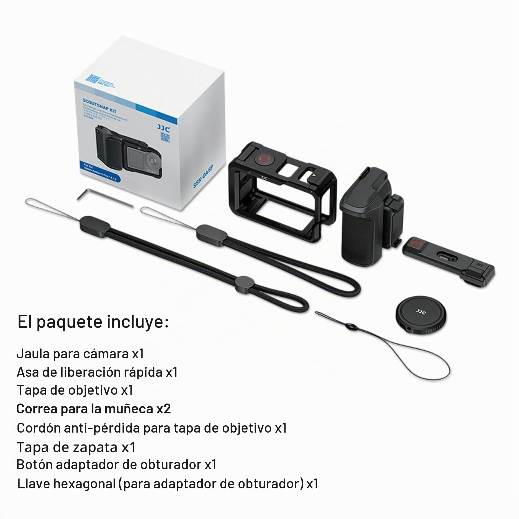 JJC Osmo Action 5 Pro Cage Street Grip Kit, marco protector de metal con asa para DJI Osmo Action 5 Pro/4/3, combo de mango de jaula de cámara de acción con tapa de lente y correa de muñeca para