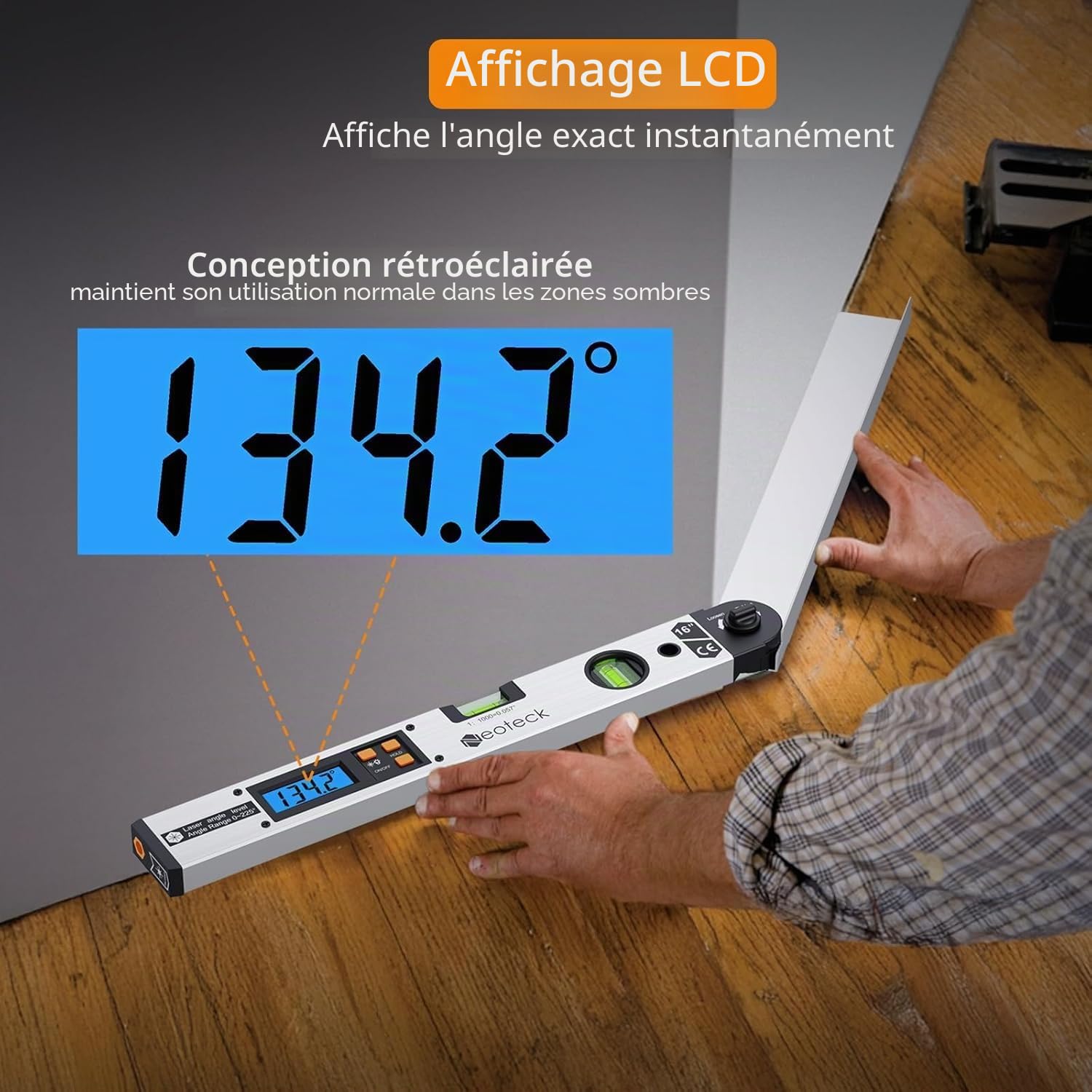 Neoteck Rapporteur d’Angle Laser 225° – Outil de Mesure d’Angle Numérique Précision ±0,5°, Règle d’Angle Aluminium avec Laser de Guidage, HOLD & Verrouillage, Bricolage, Menuiserie, Chantier - Argent