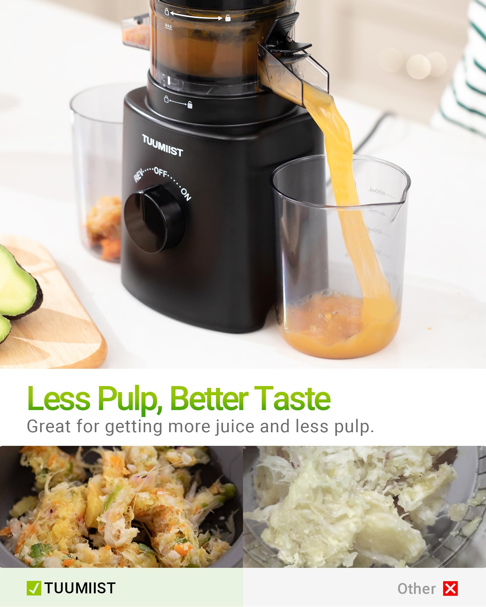 TUUMIIST Slow Juicer Entsafter mit Extra Großem Einfüllschacht 120mm, Saftpresse BPA-Frei Glanzschwarz