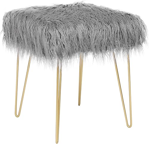 Adeco Taburetes de tocador blancos esponjosos de 163 pulgadas para sala de maquillaje sillas pequeñas de piel sintética mullida para niñas pequeñas