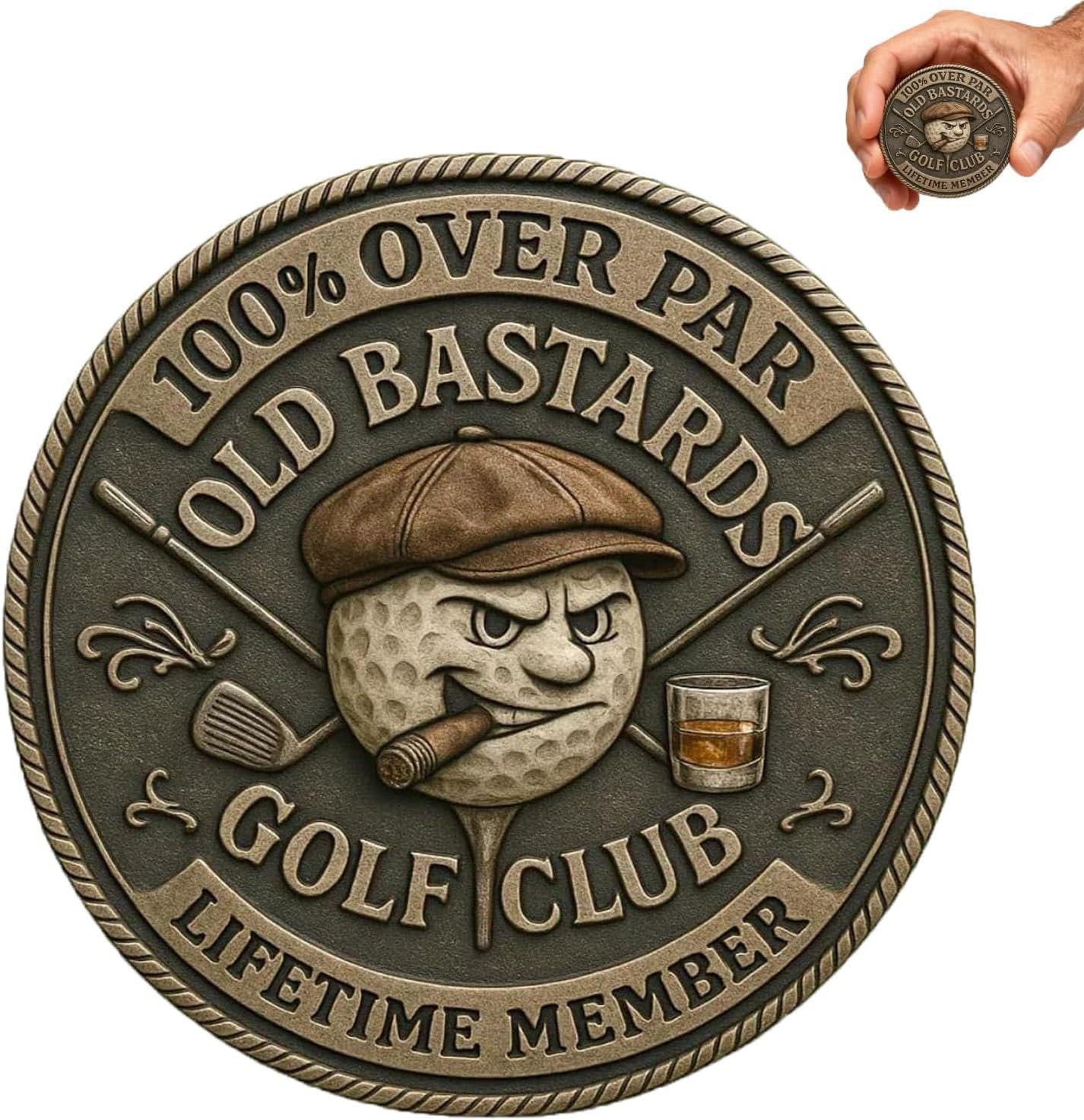 Over Par Old Bastards Golf Coin, Lifetime Golfs Club Member Coins, Funny Golf Challenge Coin for Men with Whiskey Design, Gag Gift for Golfs Player and Lover 1pc