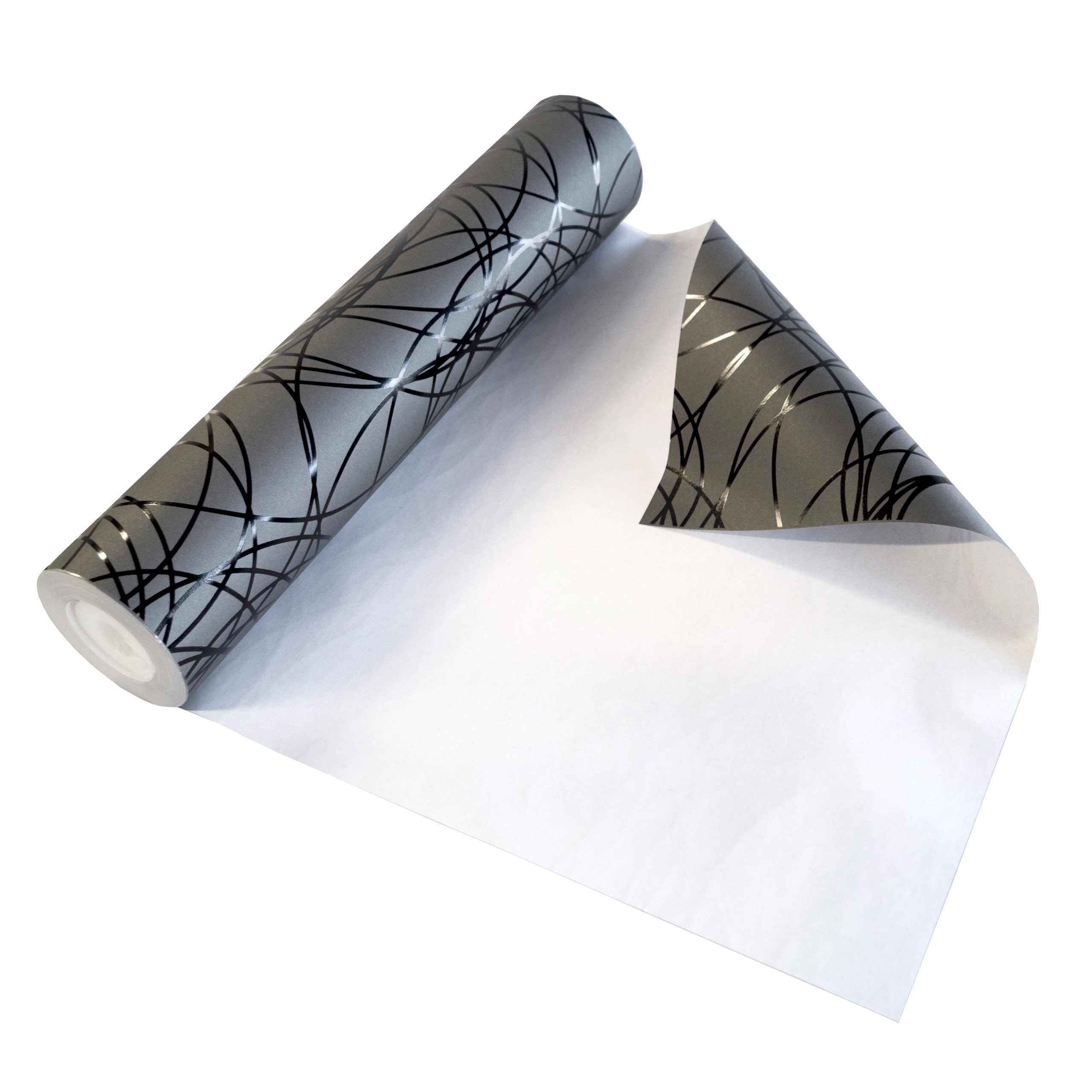 Geschenkpapier Rolle 50 cm x 50 m, Motiv Pablo, hochglänzend schwarze Linien in Relieflack auf mattgrauem Fond. Für Weihnachten, Geburtstag, Vatertag. Weihnachtsgeschenkpapier.