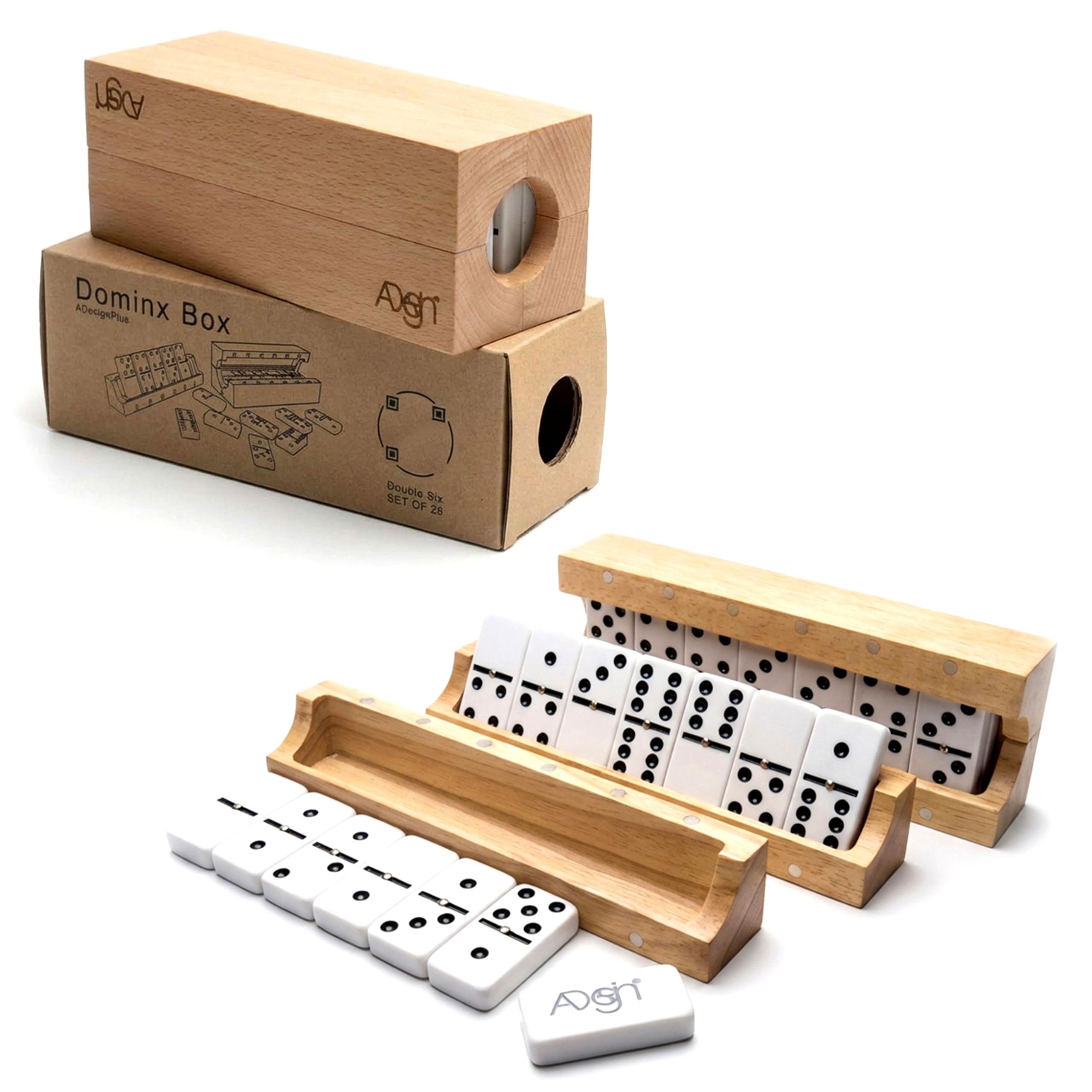 Único | Juego de dominó para adultos, 4 bastidores/bandejas de madera | Juego de 6 dominó dobles portátiles | Juego de dominó doble de seis 4 soportes de azulejos | Juego de dominó de 28 azulejos para
