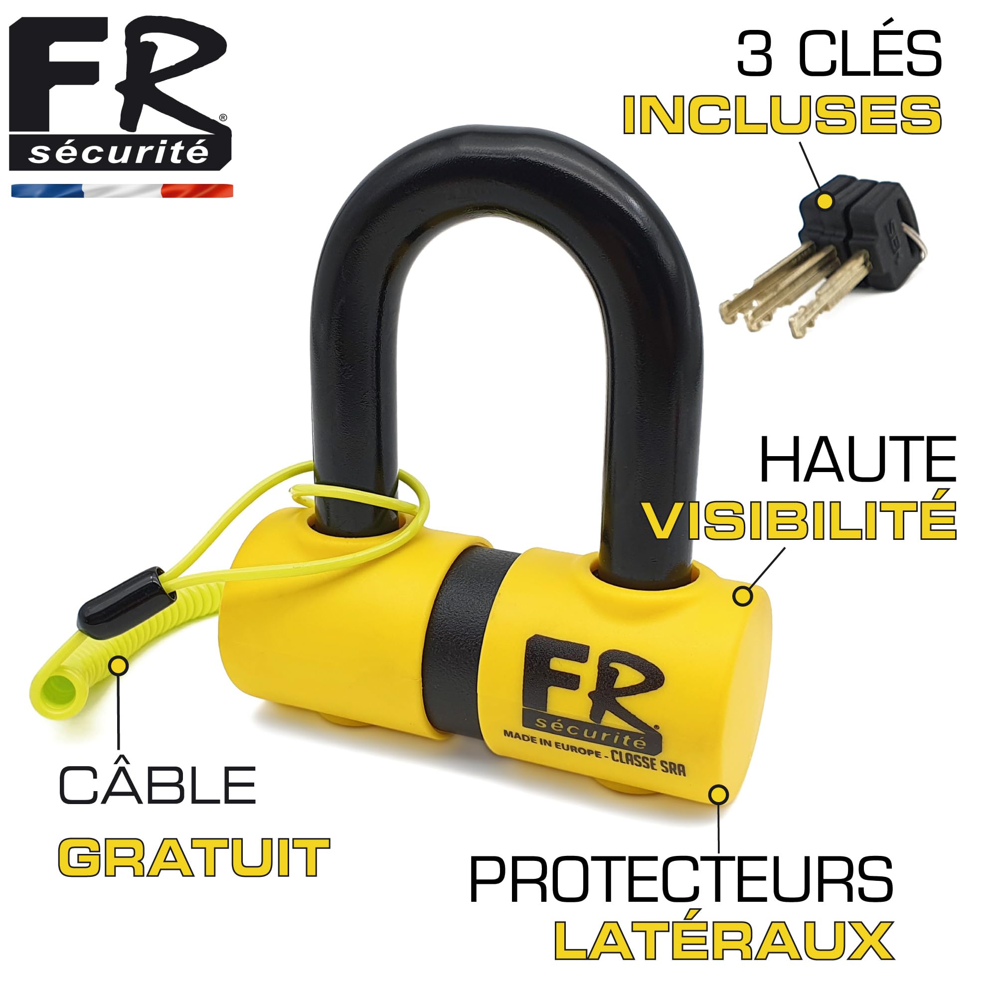 FR SECURITE FR50 Antivol Moto Homologué SRA, Bloque Disque Mini U ø18mm en Acier Cémenté, Testé contre Sciage Coupe-Boulons, Bloc Disque Double Verrouillage, Serrure Haute Sécurité Anti-Crochetage