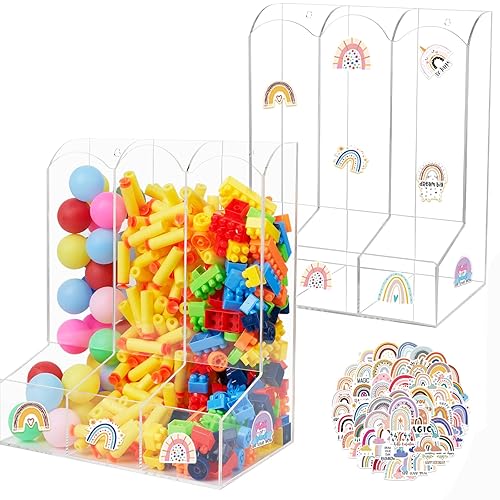 Parkside Wind 2 dispensadores de juguetes de pared triple dividida de acrílico, incluye calcomanías de bricolaje para almacenar y organizar juguetes