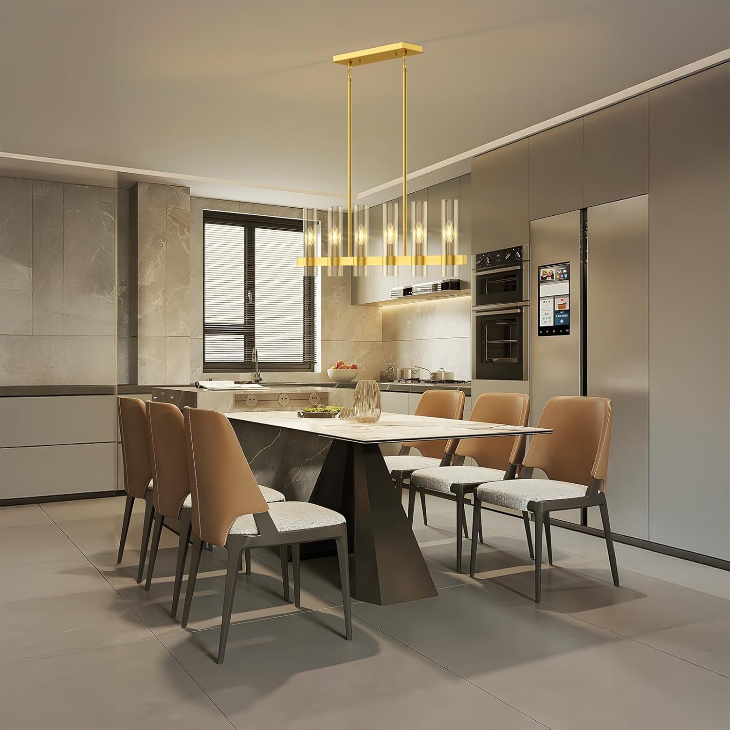 6-Light Modern Linear Pendant Light Fixtures,Gold 40" Large Chandeliers for Kitchen Island,Adjustable Height Hanging Dining Room Chandelier Over Table,Clear Glass Shade Ceiling Light