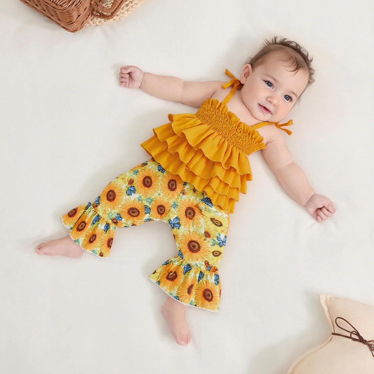 Tempura Baby Toddler Girl Summer Outfits Tie Shoulder Ruffle Layered Cami Tops Flared Pants 2 Pcs Set