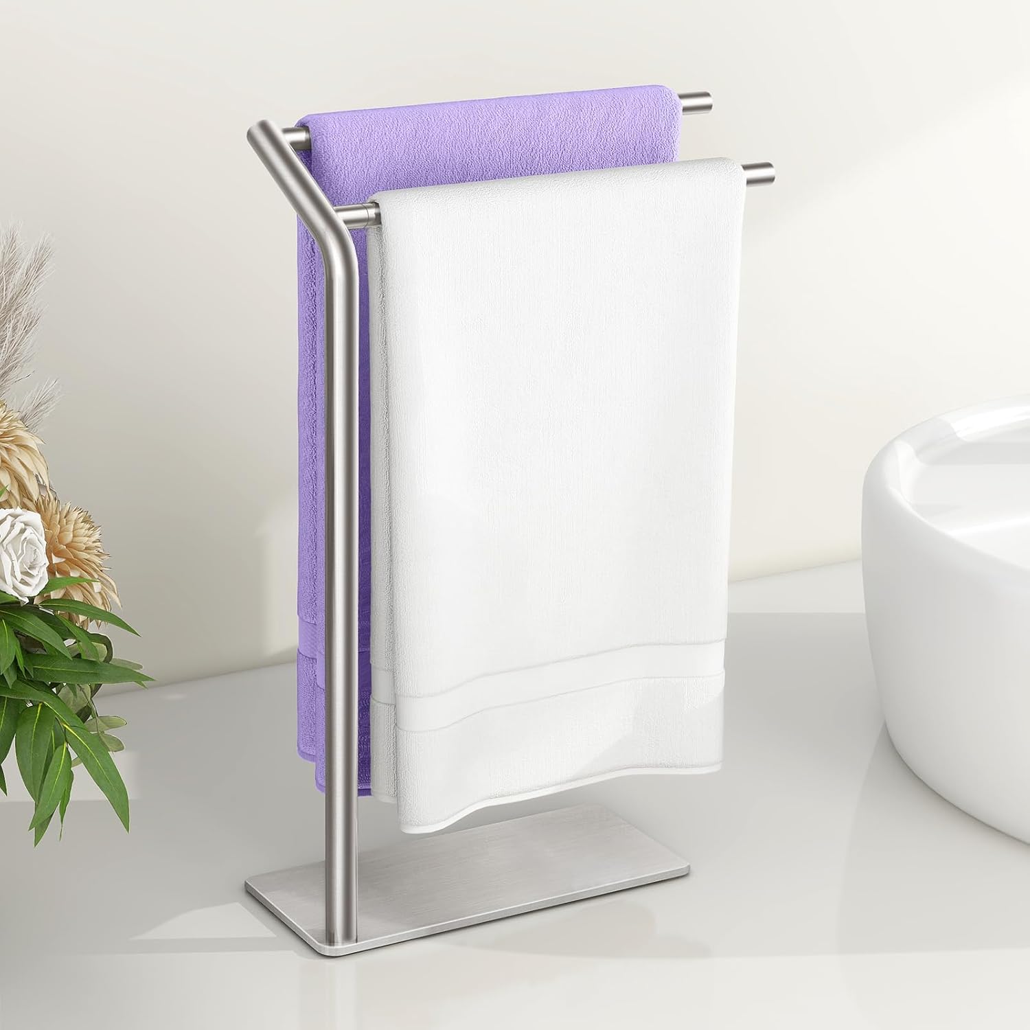 LSK Hand Towel Stand, Stainless Steel Bathroom Towel Holder Stand, Curved F-Shaped Countertop Towel Stand with Heavy Base, 16.6 Inch, Brushed Nickel