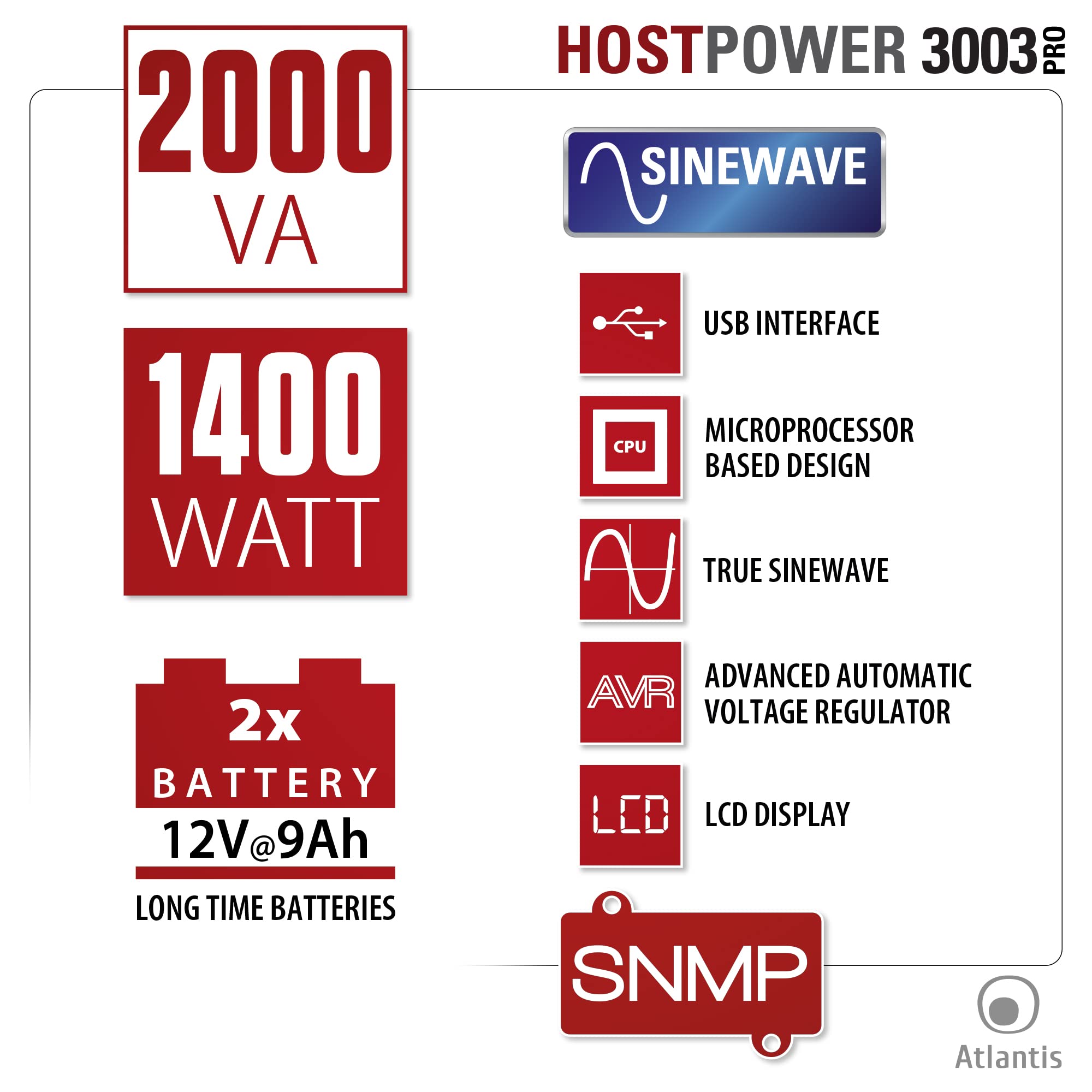 Atlantis A03-HP3003P Gruppo di Continuità Onda Sinusoidale Pura 2000VA 1400W Line Interactive, display LCD, porta USB-HID, 6 uscite IEC, 2 batterie 12V-9Ah, porta seriale RS232, slot per SNMP, softwar