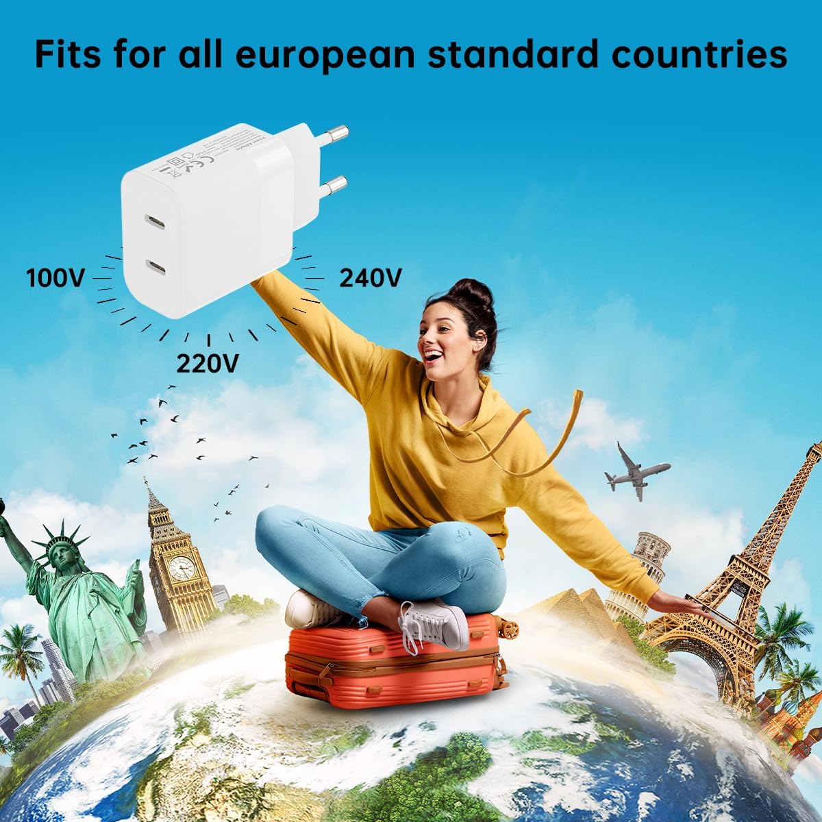 European Dual USB Type C Fast Charger Europe Travel Adapter Block for Apple iPhone 17 16 15 14 13 12 Pro Max SE iPad Samsung Pixel Moto EU Euro International Wall Plug France Spain Israel 40W PD PPS