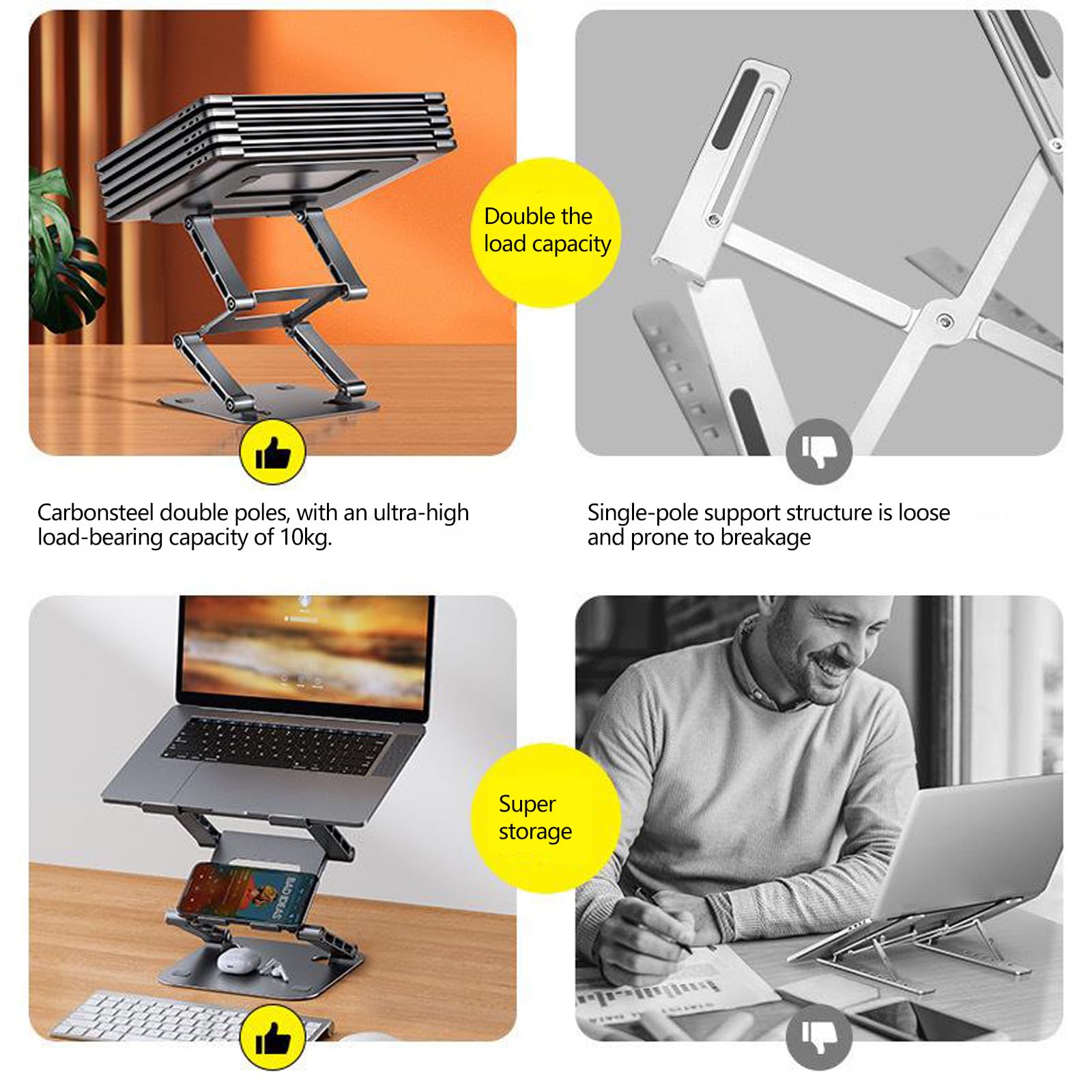 Supporto pieghevole per laptop a 3 strati, regolabile con 4 onde, supporto per notebook da 17,3 pollici, supporto per telefono regolabile in acciaio al carbonio e silicone
