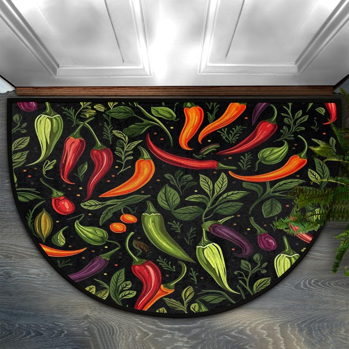 Half Round Door Mat Colorful Hot Chili Pepper Theme Non Slip Semi Circle Doormat, Indoor Low Profile Front Door Mat for Outdoor Patio Porch Kitchen Bathroom Entryway Floor Mat