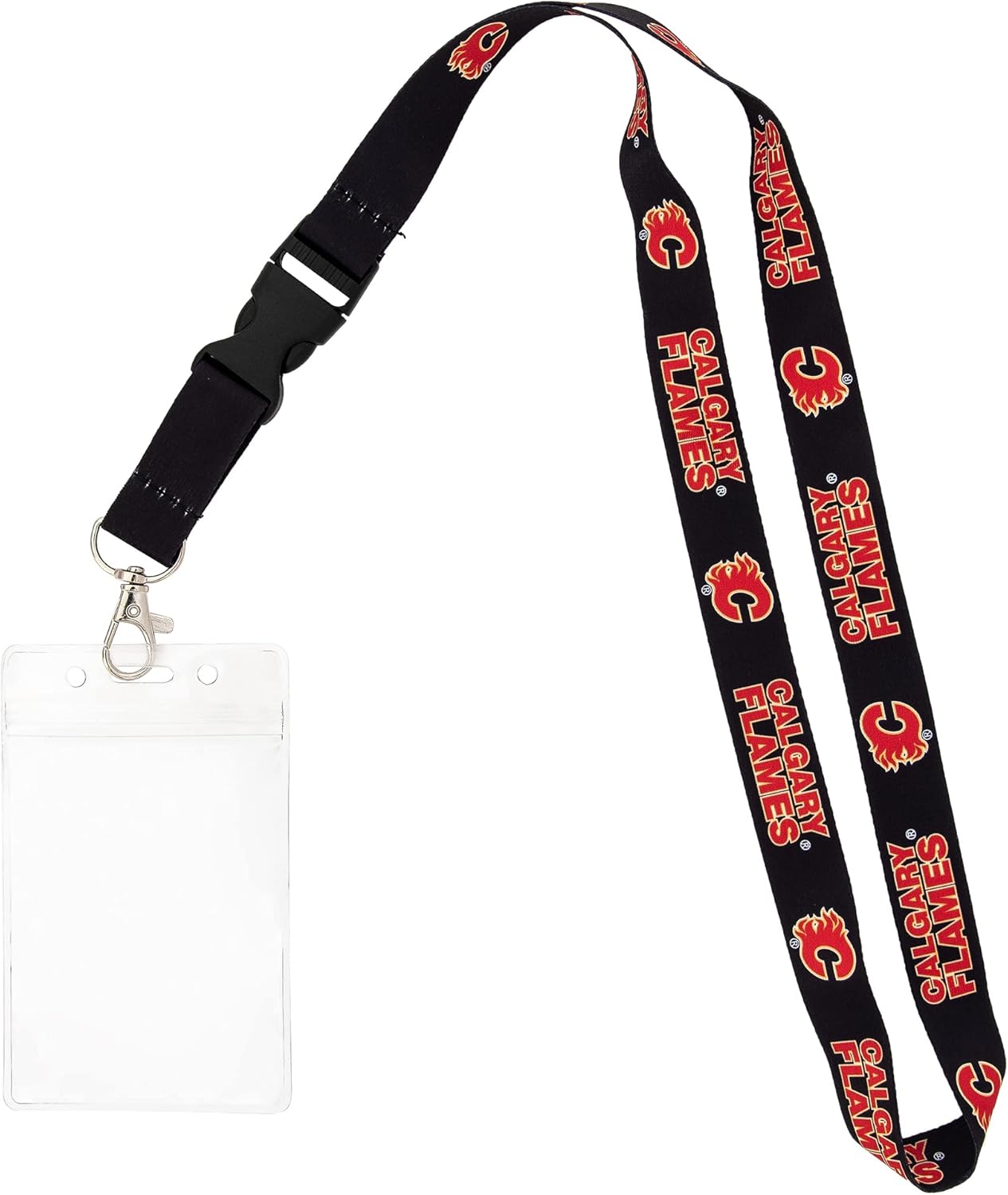 Desert Cactus Calgary Flames Lanyard NHL National Hockey League Car Keys ID Badge Holder Lanyard Keychain Buckle (Black with Pouch)
