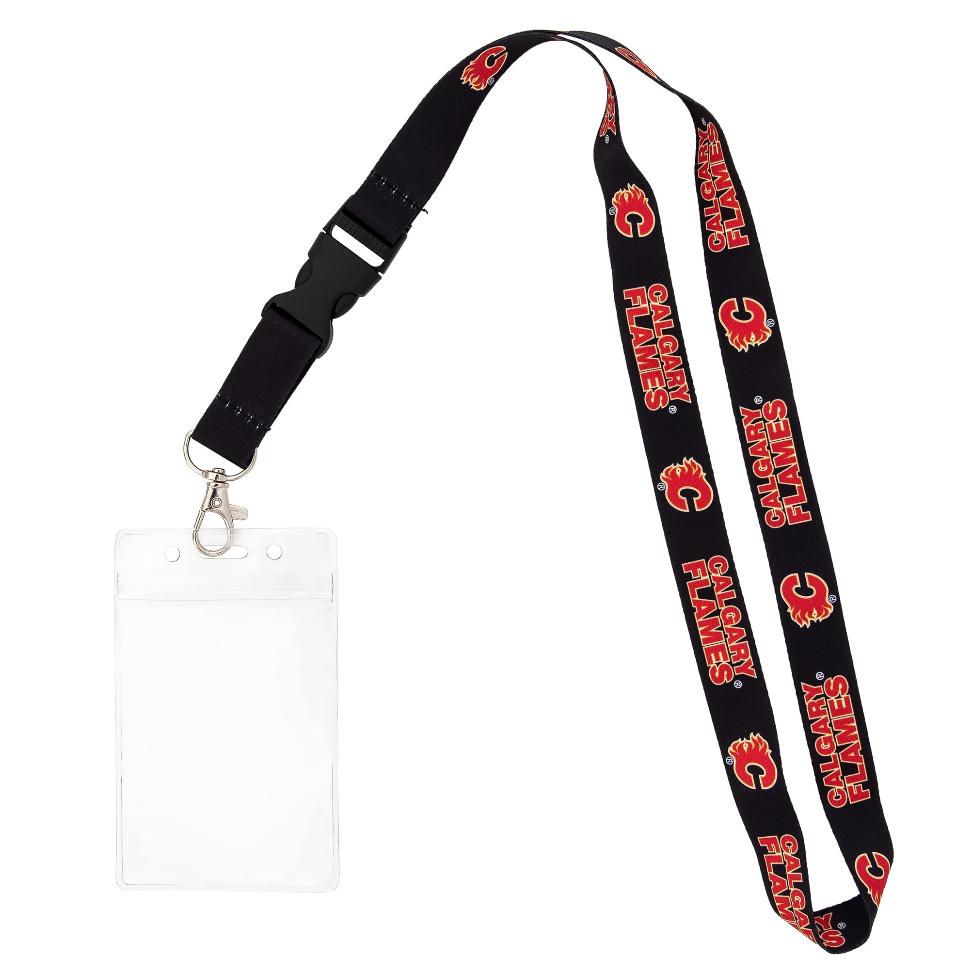 Desert Cactus Calgary Flames Lanyard NHL National Hockey League Car Keys ID Badge Holder Lanyard Keychain Buckle (Black with Pouch)