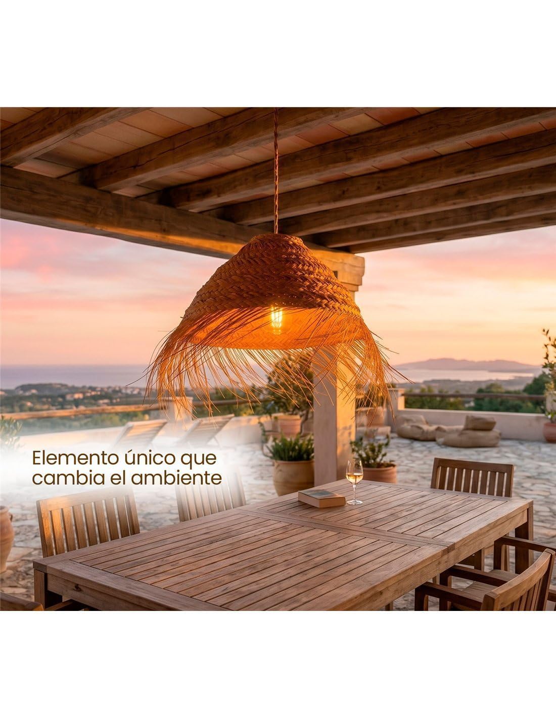 JARDIN202 - Pantalla para Lámpara de Esparto con Flecos | Diseño Menorca Artesanal | Iluminación Boho | Lampara de Techo Artesanal | (Grande)