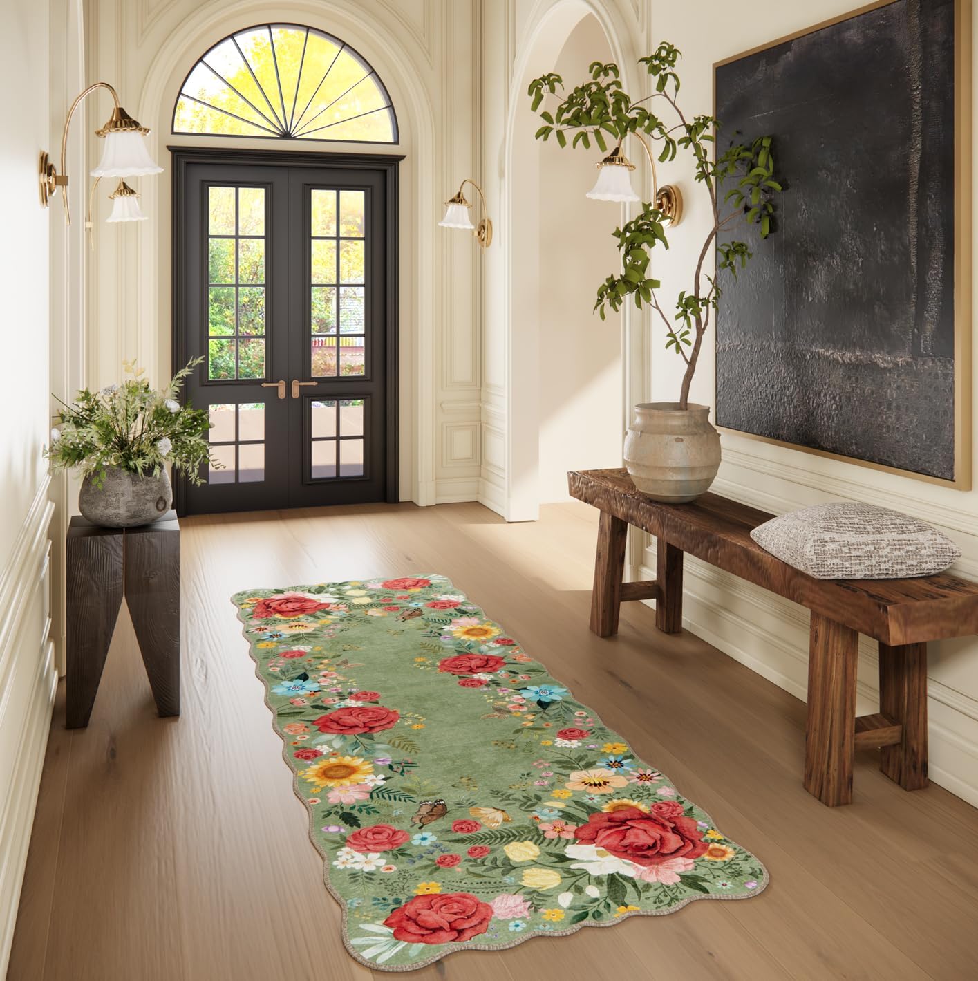 Kitchen Rug Runners for Hallways: 2x6 Washable Runner Rugs for Kitchen Ultra Thin Stain Resistant Non Slip Low Pile Lightweight Vintage Floral Carpet for Laundry Room, Bedside Decor (Green) - Image 4