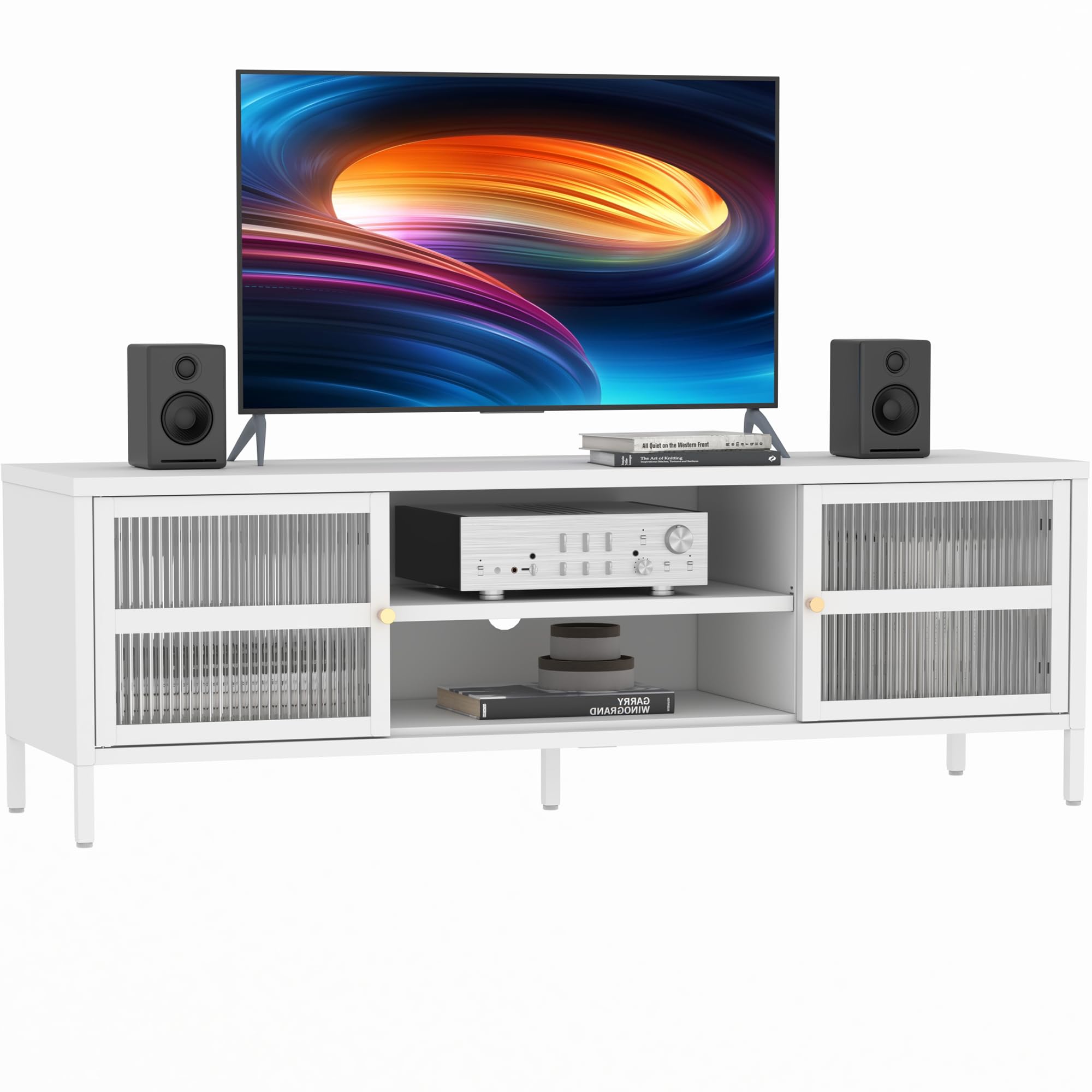TV Stand for 55 60 inch TV, Glass Door Metal TV Cabinet Modern Mid Century Entertainment Center with Storage, TV Industrial Media Console Table 2 Cabinet for Living Room, Bedroom (White)