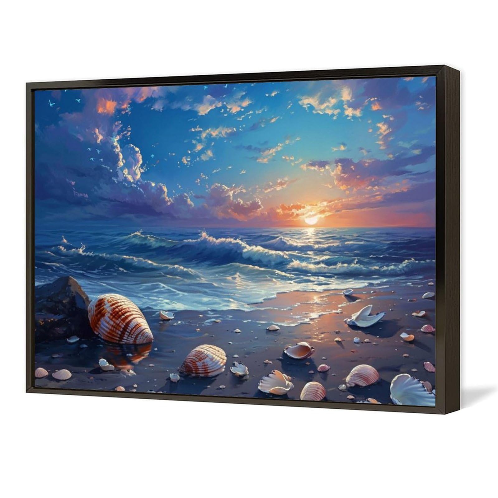 Amazon.co.jp: 絵画 夕暮れと日没の海に打ち上げられた貝殻