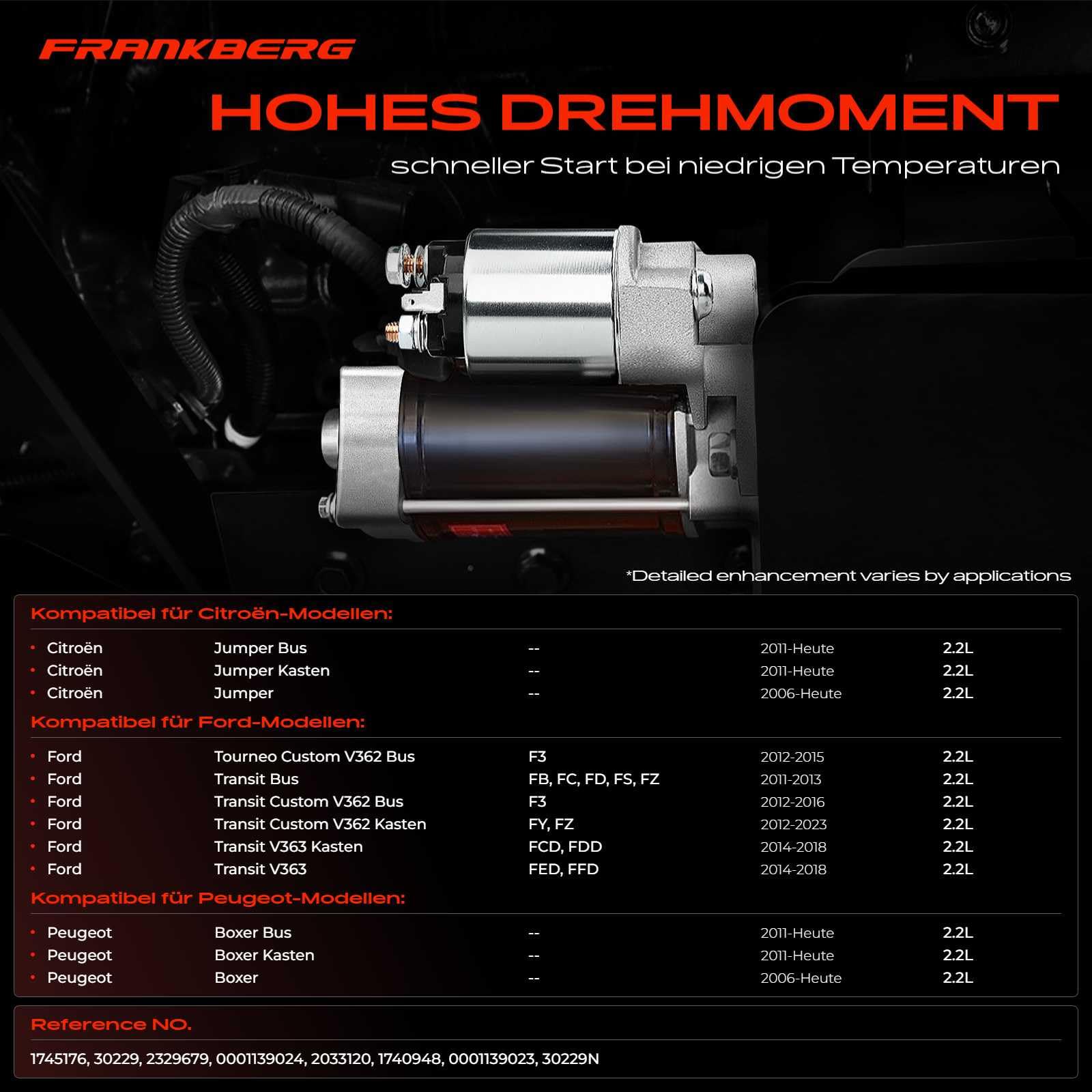 Frankberg Motor de arranque diésel 2 KW 12 V 1745176 1740948 | 12 Zähnezahlahl; Compatible con: Autobús de tránsito V363 FAD FBD, Caja de puente, Caja de tránsito FA, Autobús Jumper