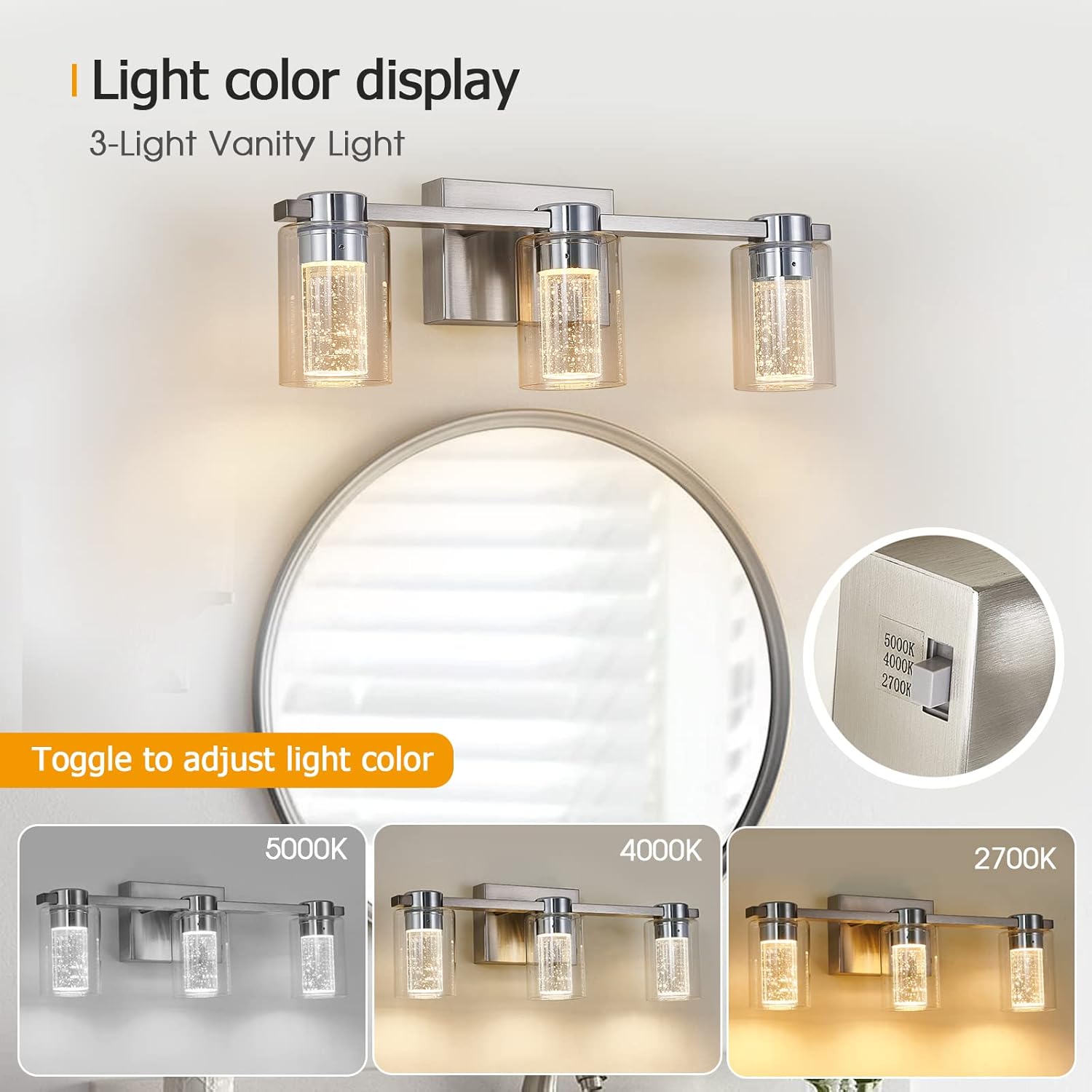Eatich Bathroom 3 Light Brushed Nickel Vanity Light, Bathroom Light Fixtures Over Mirror, Dimmable Crystal LED Vanity Lights with Crystal Bubble Glass for Bathroom - 