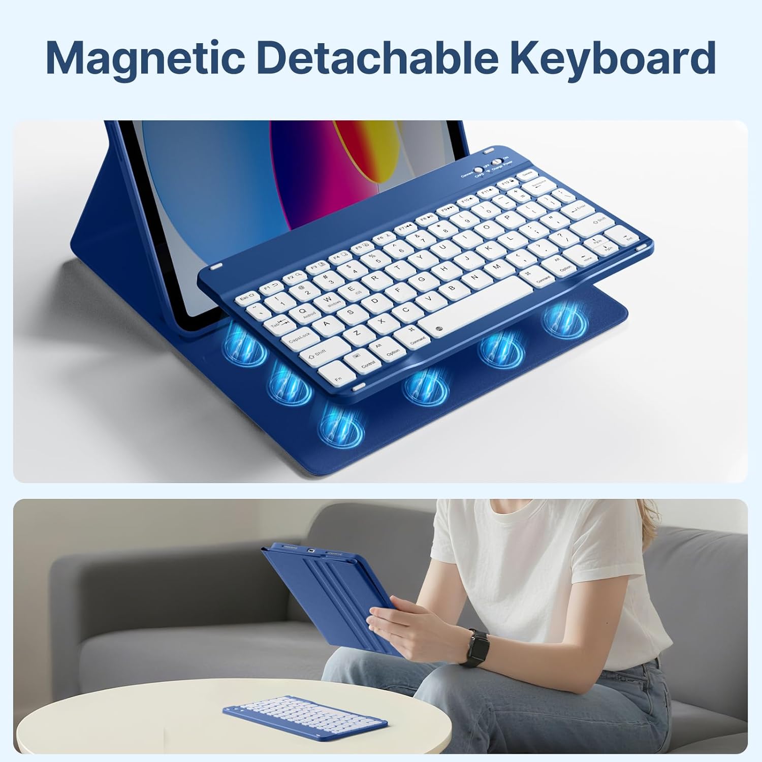 Wenlaty for iPad (A16) 11th/10th Generation Case with Keyboard - Detachable Wireless, Thin & Light Folio Keyboard Cover with Pencil Holder, for iPad 11-inch 11th 2025/10.9-inch 10th 2022, Navy Blue
