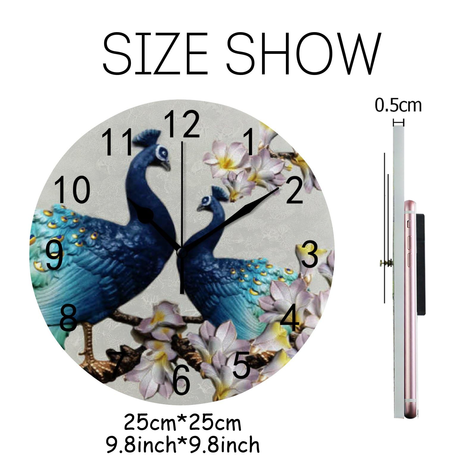 Wall Clock for Living Room Decor Peacock Peach Blossom PVC 9.8 Inch Hanging Round Desk Clocks Silent Non-Ticking Battery Operated Easy to Read Bathroom Kitchen Office