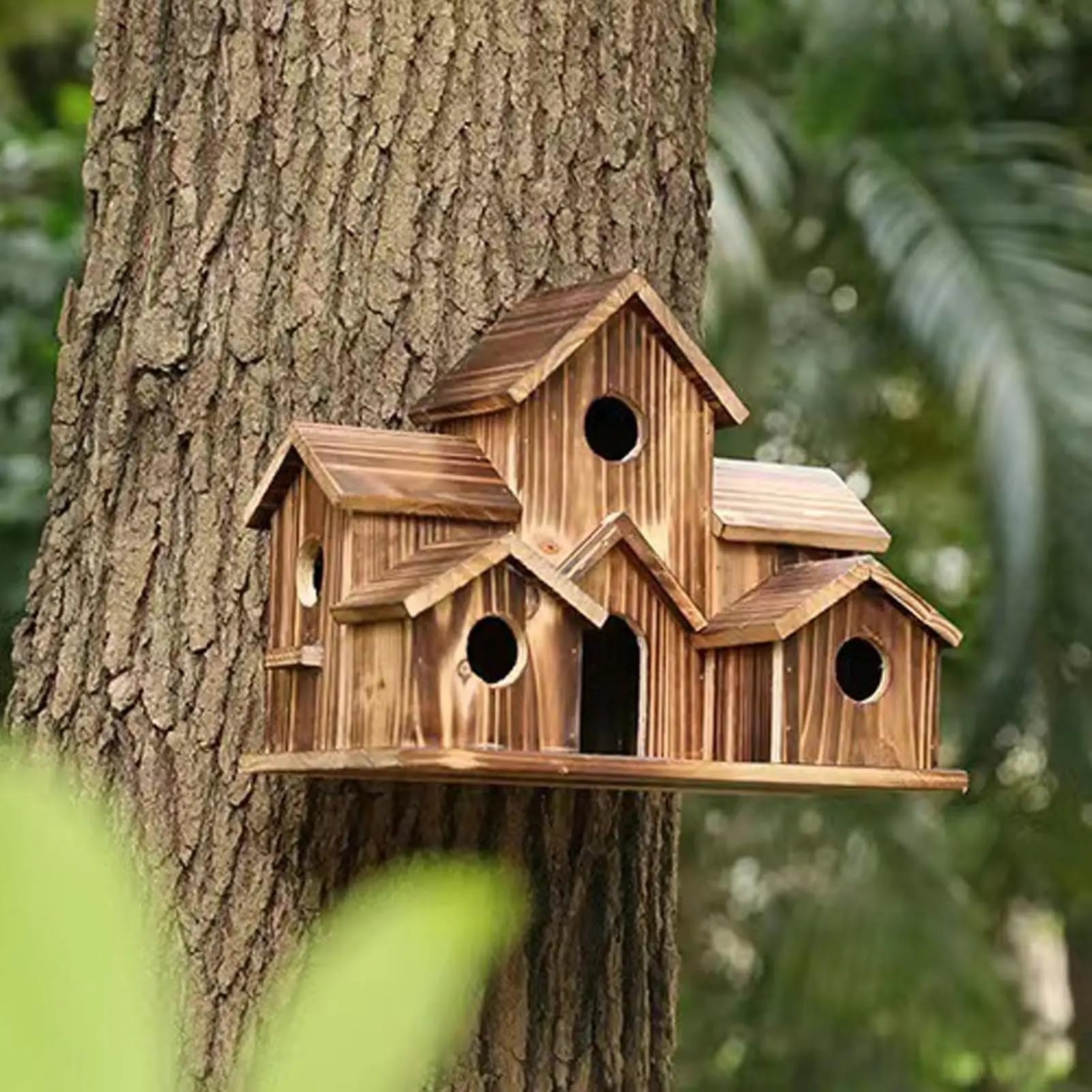 Casita pajaros Exterior Pajarera de Madera rústica Decorativa al Aire Libre con múltiples Agujeros, cabaña for Mascotas, Caja Nido for familias de pájaros