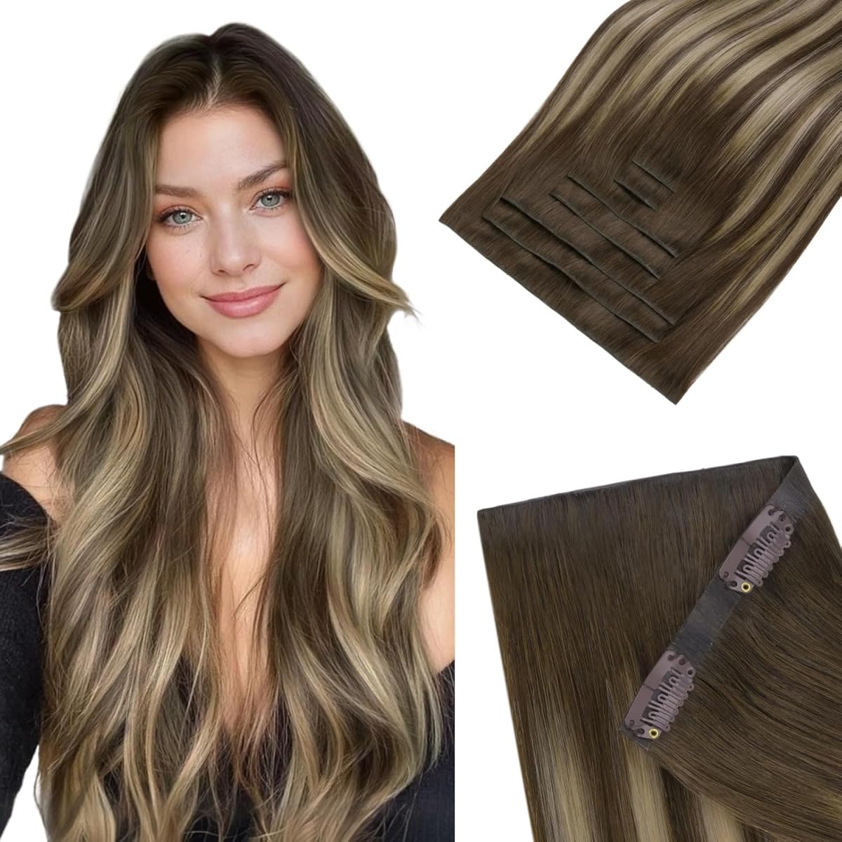 HOTBANANA Injected Seamless Clip in Extensions, 18inch 130g 7Pcs Real Human Hair PU Clip in Hair Extensions Balayage Chocolate Brown to Honey Blonde
