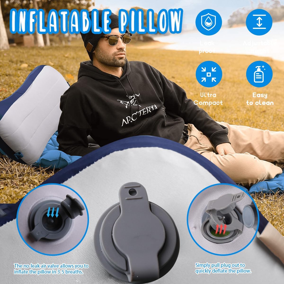 Couleurs Beach Pillow, Inflatable Camping Pillow, Pool Pillow, Removable Pillowcase, Ultralight Neck and Waist Support, Suitable for Camping, Hiking, Backpacking (with Ice Pack-Grey)