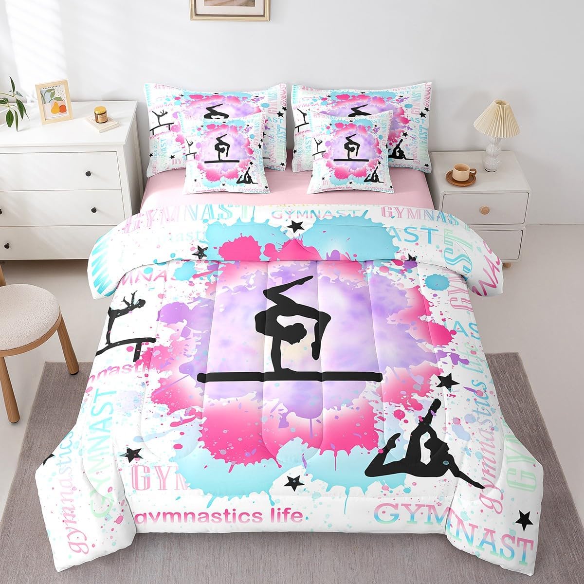 Manfei 7 Pieces Girls Gymnast Comforter Twin Size,Pink Purple Tie Dye Bedding Set for Women Bedroom,Gymnastics Life Comforter with Fitted,Flat Sheet,2 Pillowcases,2 Throw Pillow Covers