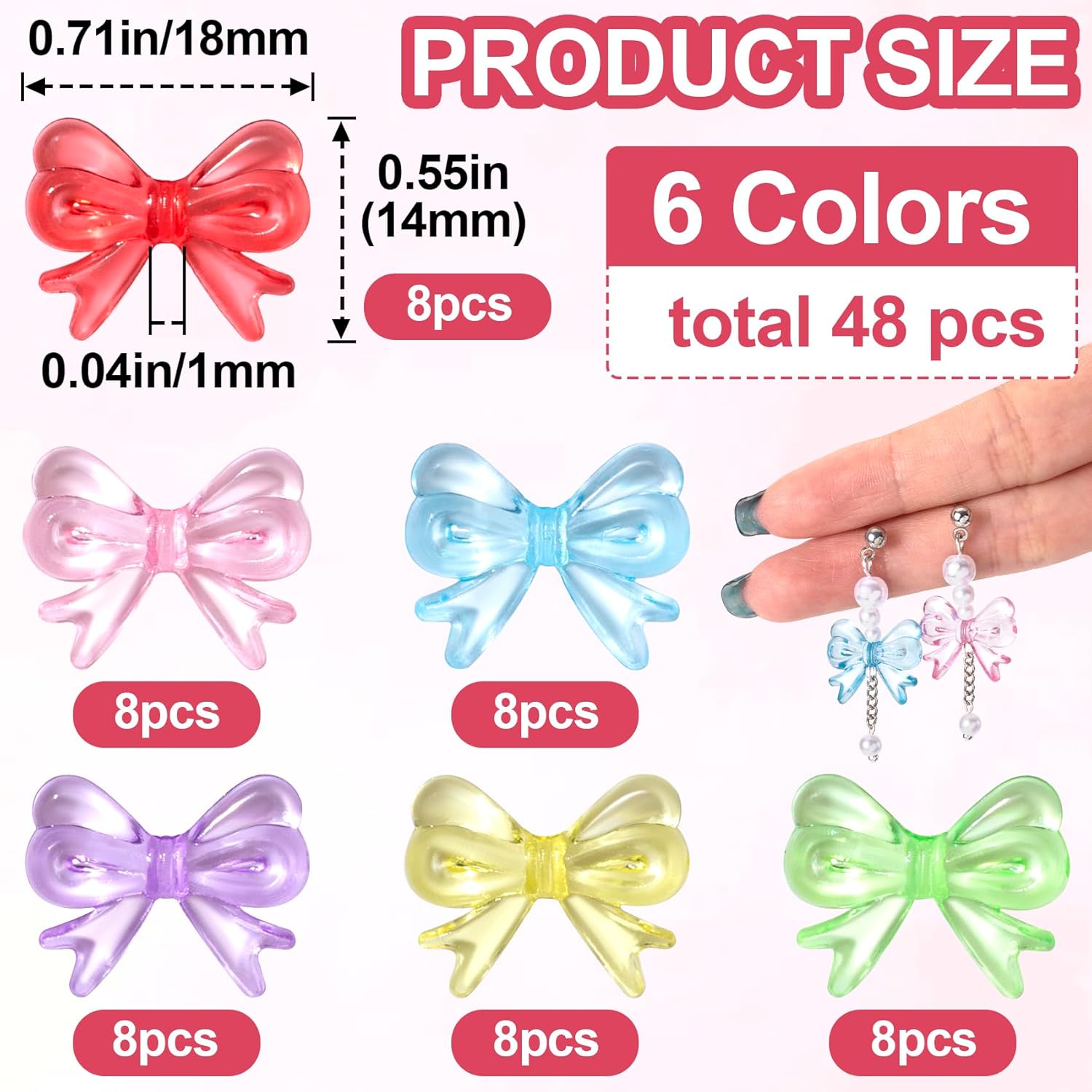 48pcs Colorful Bow Beads 18 x 14 mm 3D Cute Acrylic Beadable Bowknot Aesthetic Charm Bead Bulk Supplies for Pens Keychain Bracelet Necklace Earring Jewelry Making DIY Crafts - Image 2