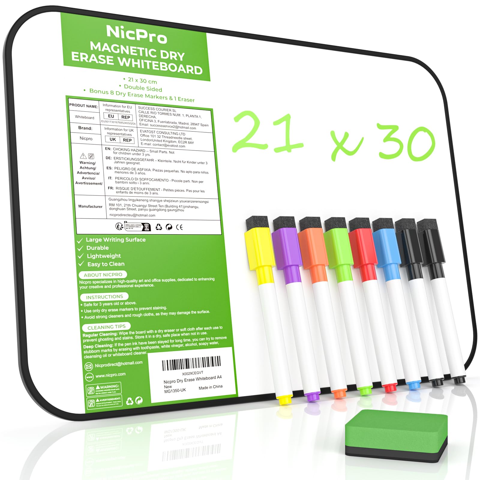 Nicpro A4 Dry Erase Whiteboard with 8 Markers and 1 Eraser, Magnetic Double-Sided White Board with Black Frame, Ideal for Kid Writing & Drawing, Student School, Classroom, Home Use (21x30cm)