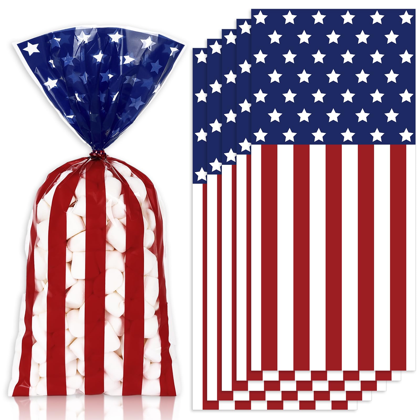 JarThenaAMCS 100 Pcs Patriotic Cellophane Treat Bags with Twist Tie Star Stripe Plastic Gift Bags for 4th of July, Veterans Memorial, Independence Day