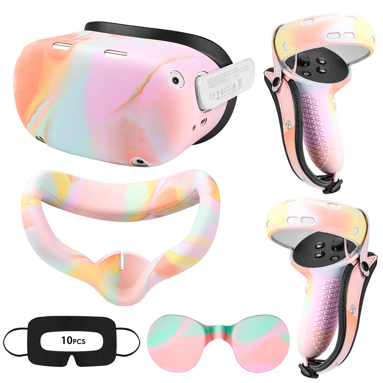 Relohas VR Accessories for Oculus Quest 2, Silicone Set for Meta Quest 2, Include Controller Grip Leather Cover, VR Shell Cover, Face Cover, Lens Cover and 10PCS Disposable Eye Cover (Macaron)
