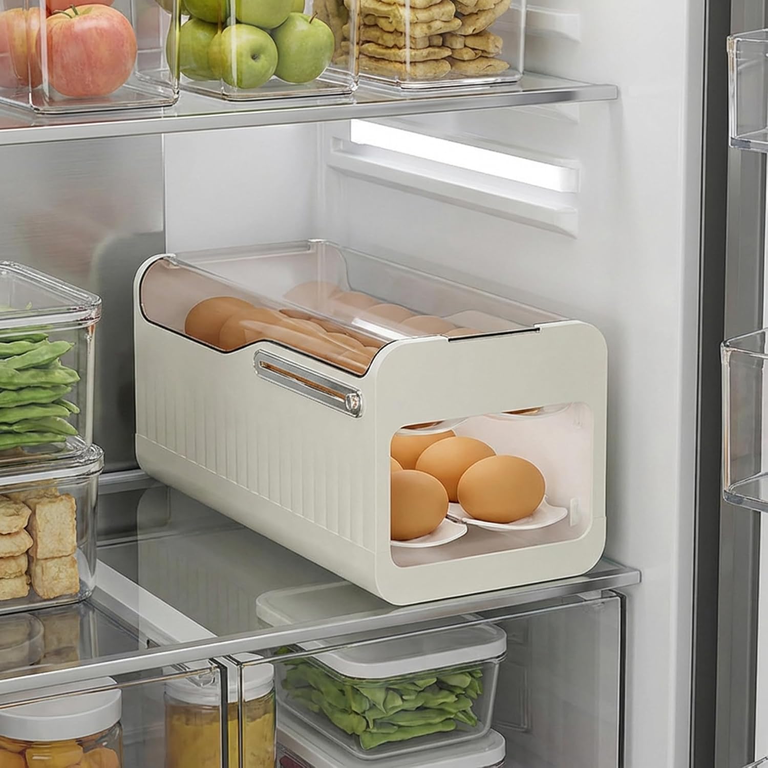 Egg Dispenser - Large Capacity Automatic Rolling Egg Holder for Fridge, Space Saving Fridge Eggs Organizer and Storage Container, Dispenser for Refrigerator