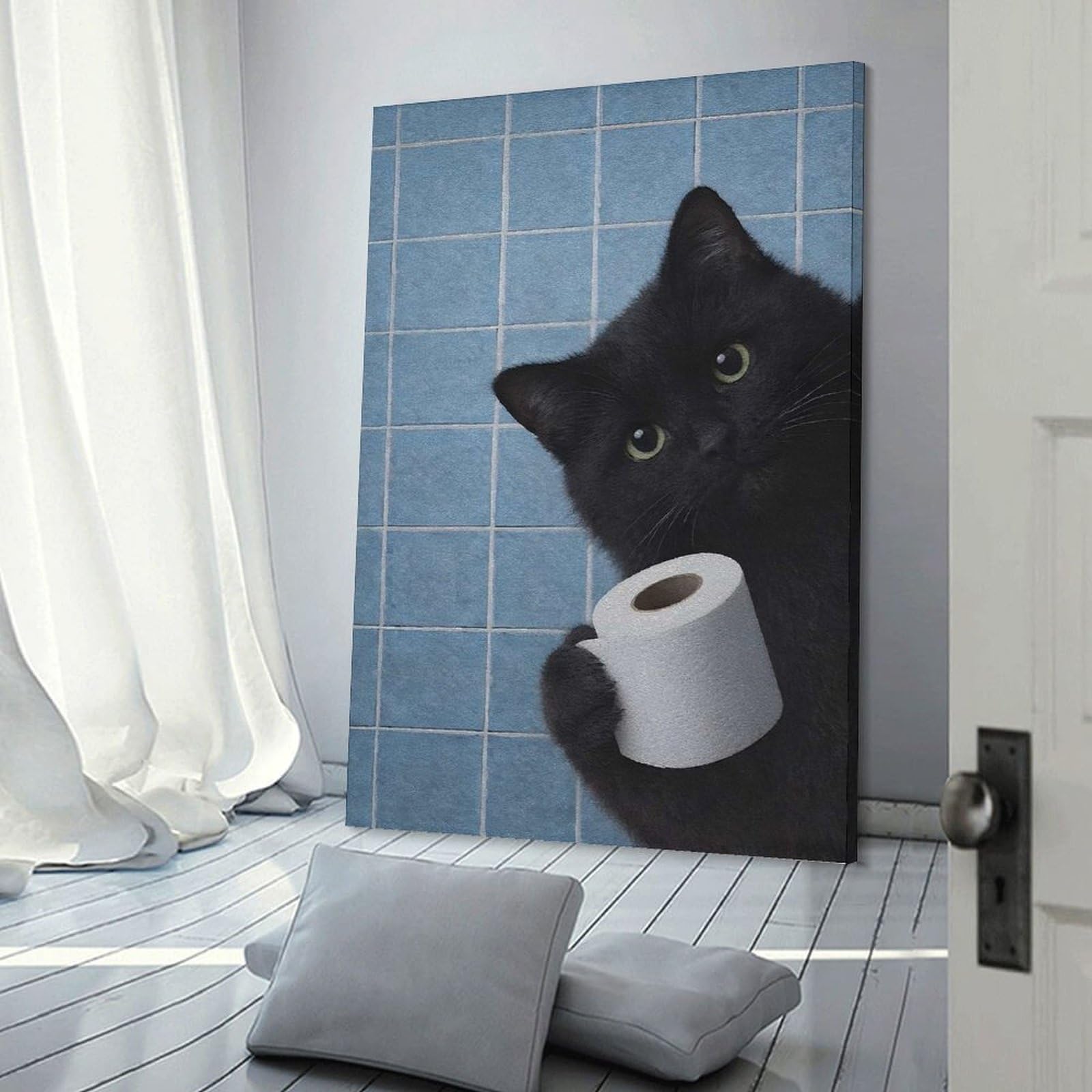 Junmoney Black Cat Holding Toilet Paper Are You Pooping Room Decor Wall Art, 24x36inch(60x90cm), for Front Hall, Corridor Or Welcome Spaces, A Neat Decor Update for Hallways