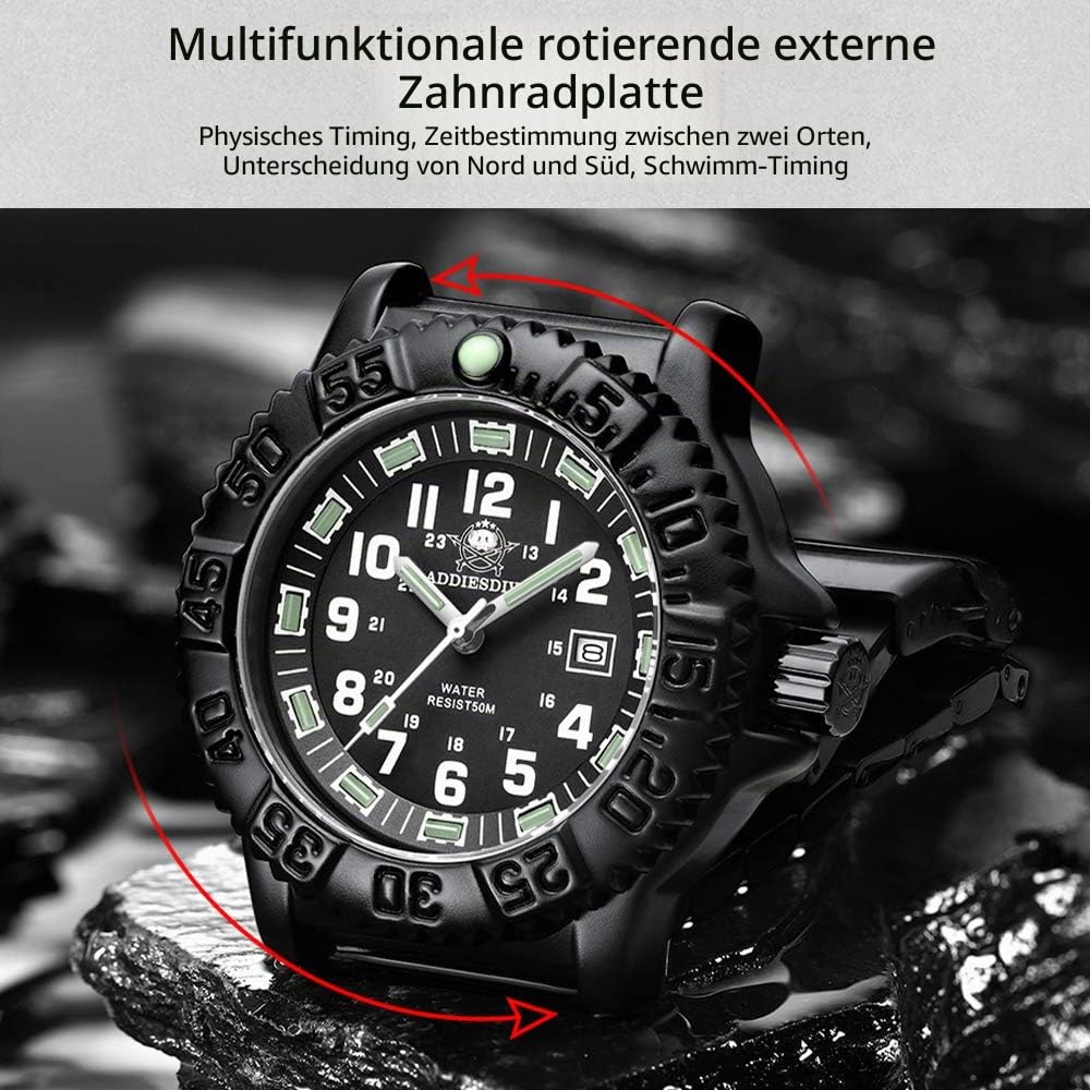 ADDIESDIVE Herren Sportuhr Quarz Analoguhr Leuchtend 50 m wasserdicht drehbare Lünette Edelstahl