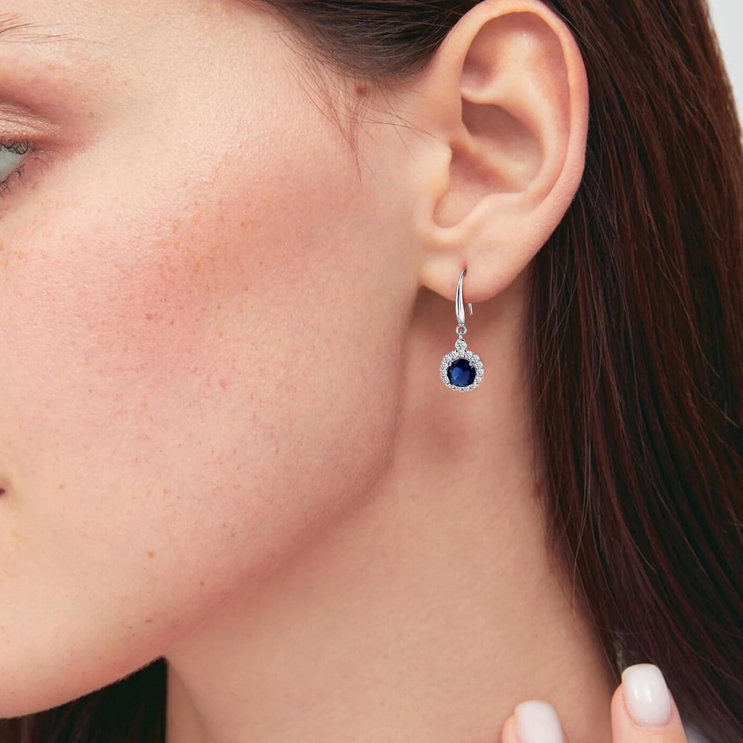 Silver Round Sapphire Earrings Navy Blue Dangle Zircon Halo Drop Earrings for Women - Image 4