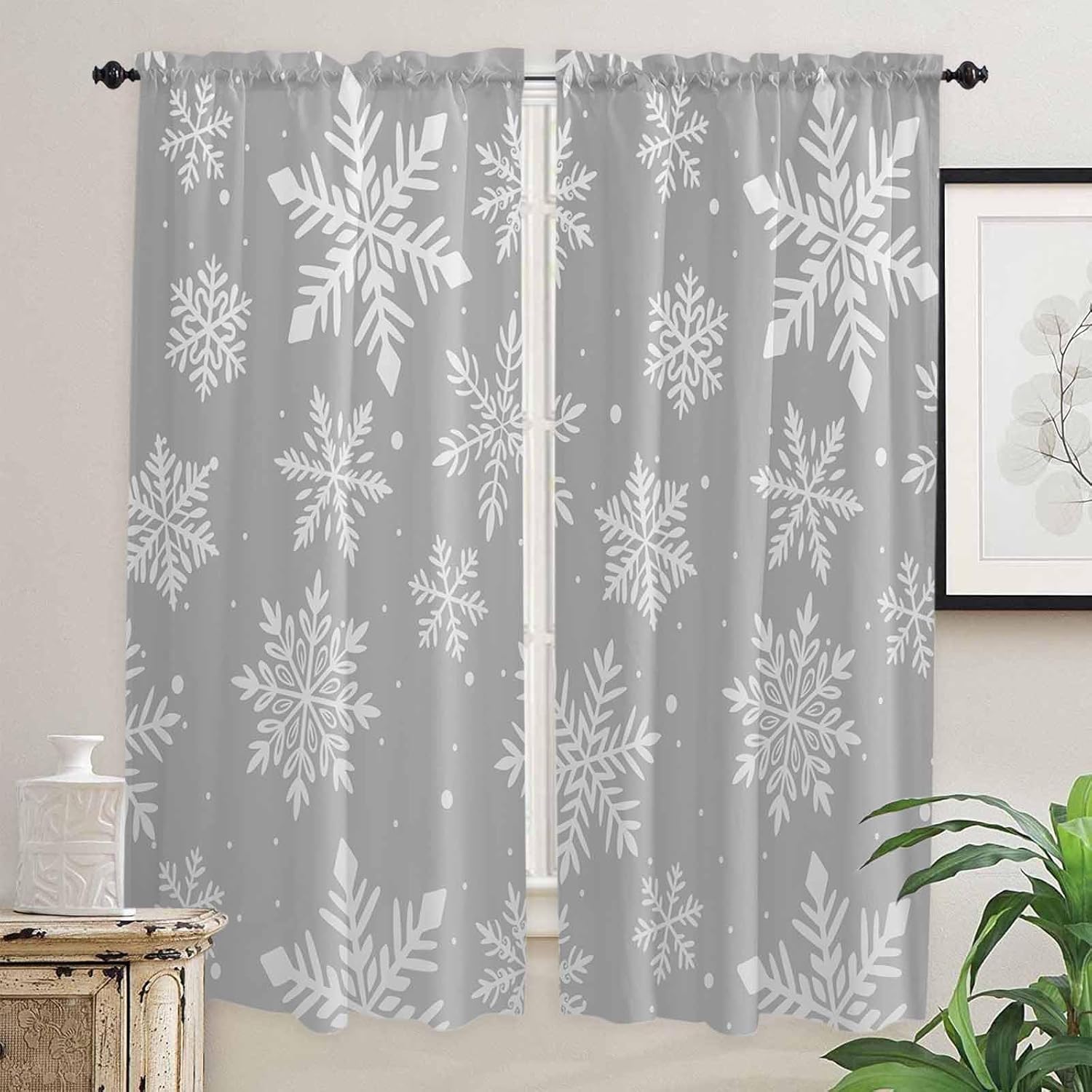 Grey White Snowflake Christmas Window Curtains 72 Inch Long 2 Panel Set, Rod Pocket Long Curtains & Drapes, Winter Xmas Snowflakes Light Filtering Window Treatment for Bedroom Living Room 52"W x 72"L