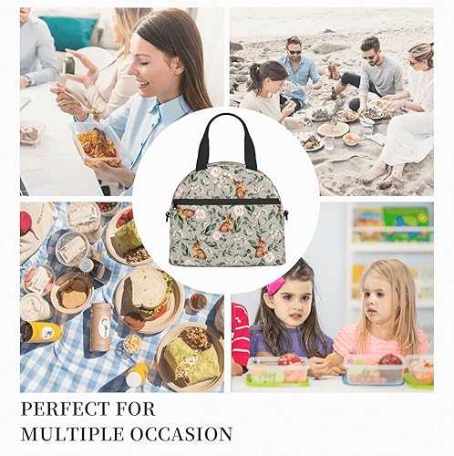 Miniatura 9 de Lindos conejitos hojas bolsa de almuerzo aislada con correas, lonchera para mujeres y hombres, bolsa de mano impermeable para viajes de oficina