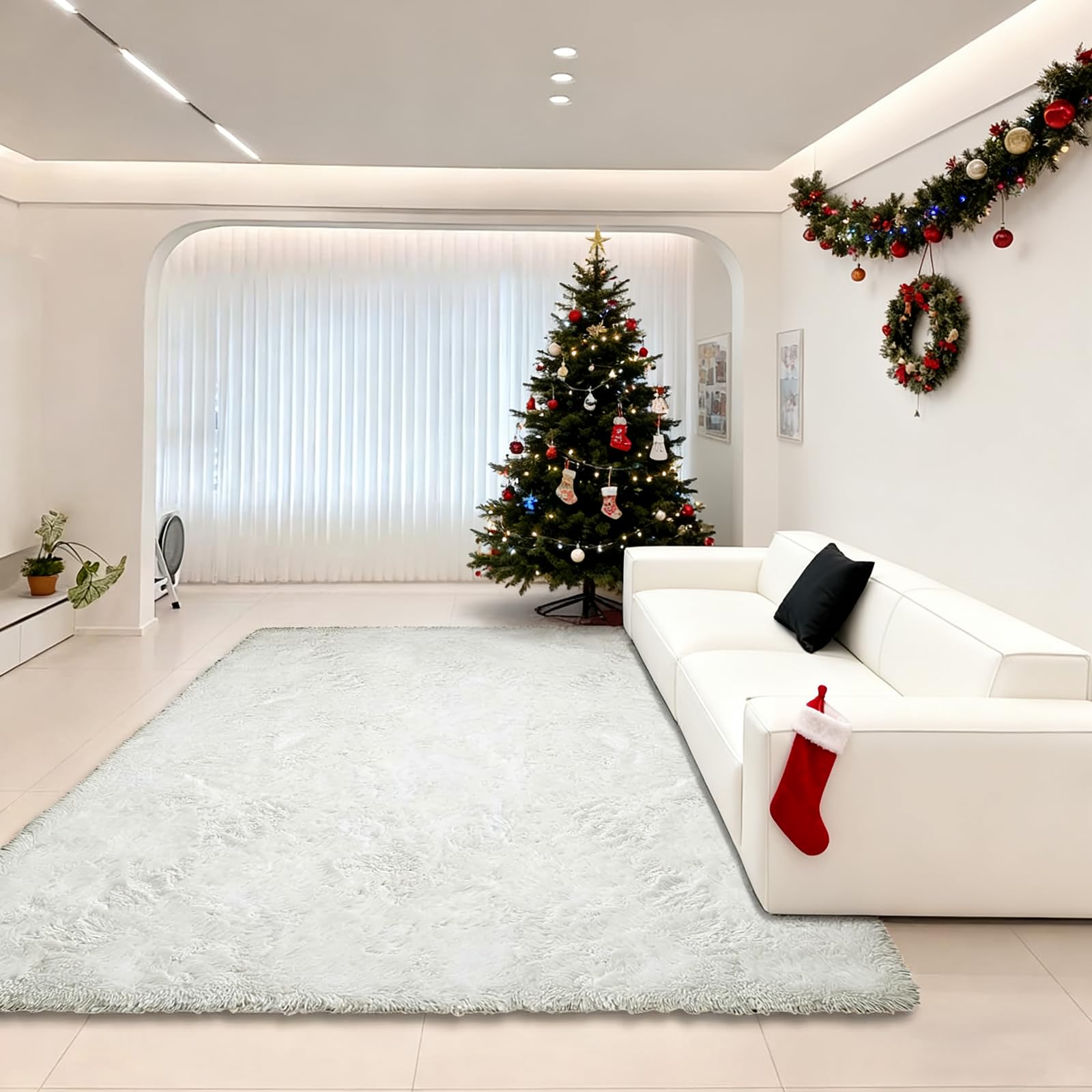 Tapis super doux anti-glisse 220 x 290 cm grand tapis blanc shaggy pour sol froid