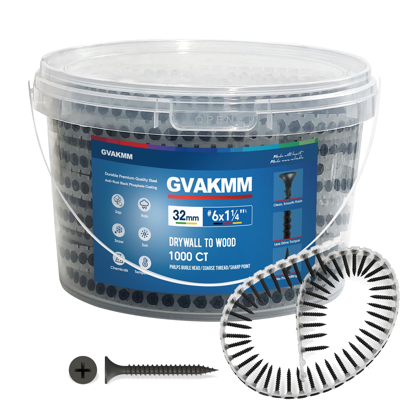 GVAKMM 3.5 × 32mm Drywall to Wood Collated Screw – 1000 Pack,Collated Black Wood,Drywall,Sheetrock Screw