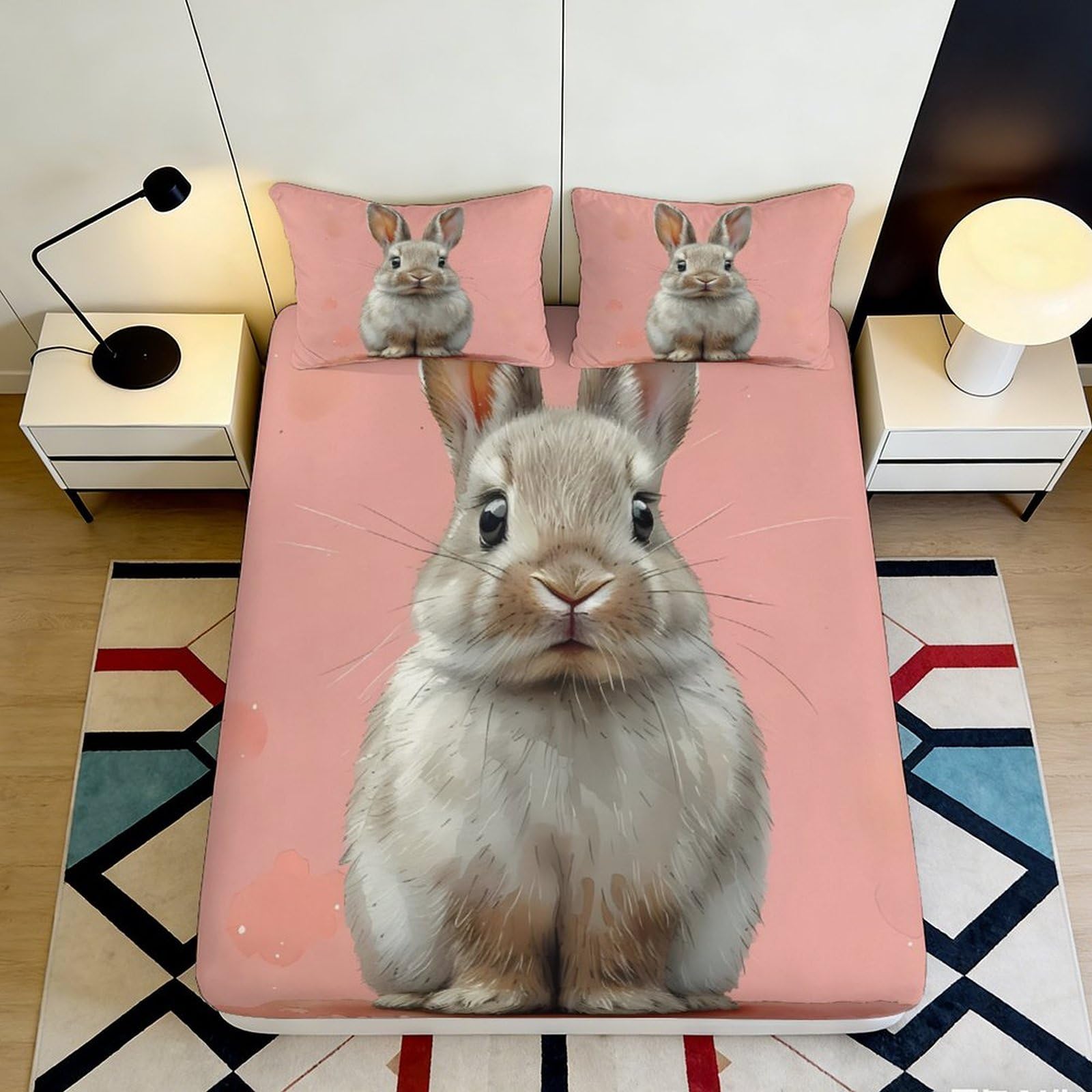 Uynsixtme Style-3 3D Printed Bunny Fitted Sheet Microfiber Deep Pocket Elastic Hem Bedroom Bedding Bunny Mattress Fitted Cover Washable Non-Slip For Adults 140X200x25cm