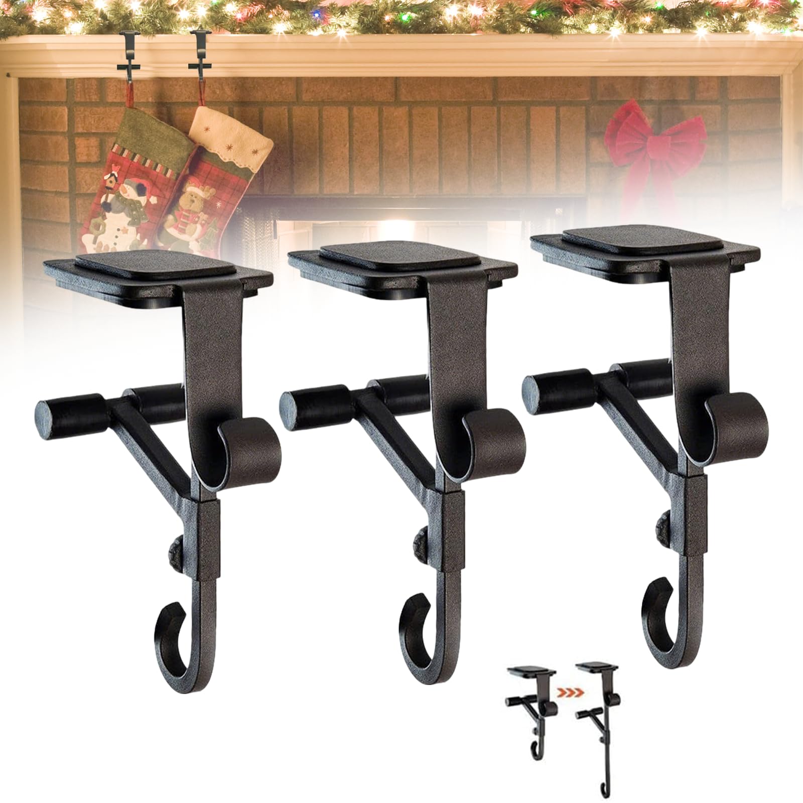 Garland Holder,2 in 1 Fireplace Stocking and Garland Hanger,No Drill, Heavy Duty Garland Hangers for Mantle,Adjustable Christmas Mantle Hanger with 2 Hooks, for Christmas Holiday Garland ﻿ (3pcs)